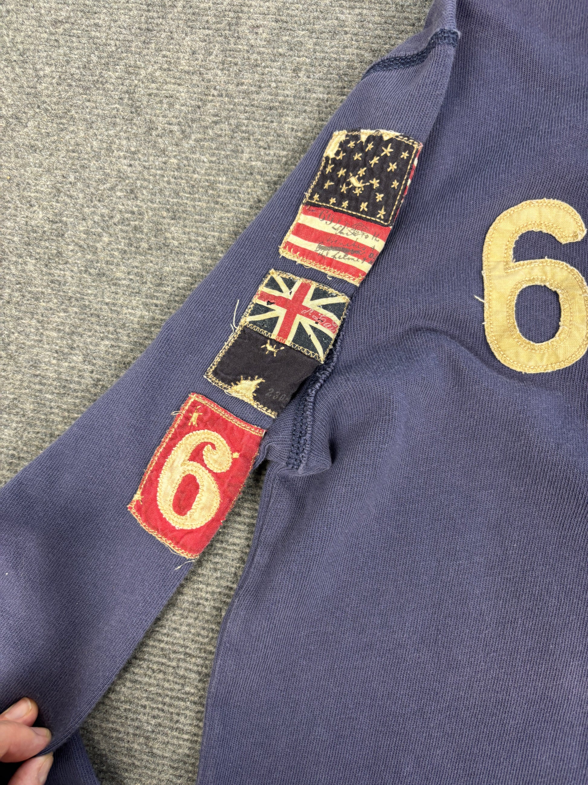 Vintage 90's Ralph Lauren Rugby Polo Men's S Blue Grey Embroidered Badges Logos Collared