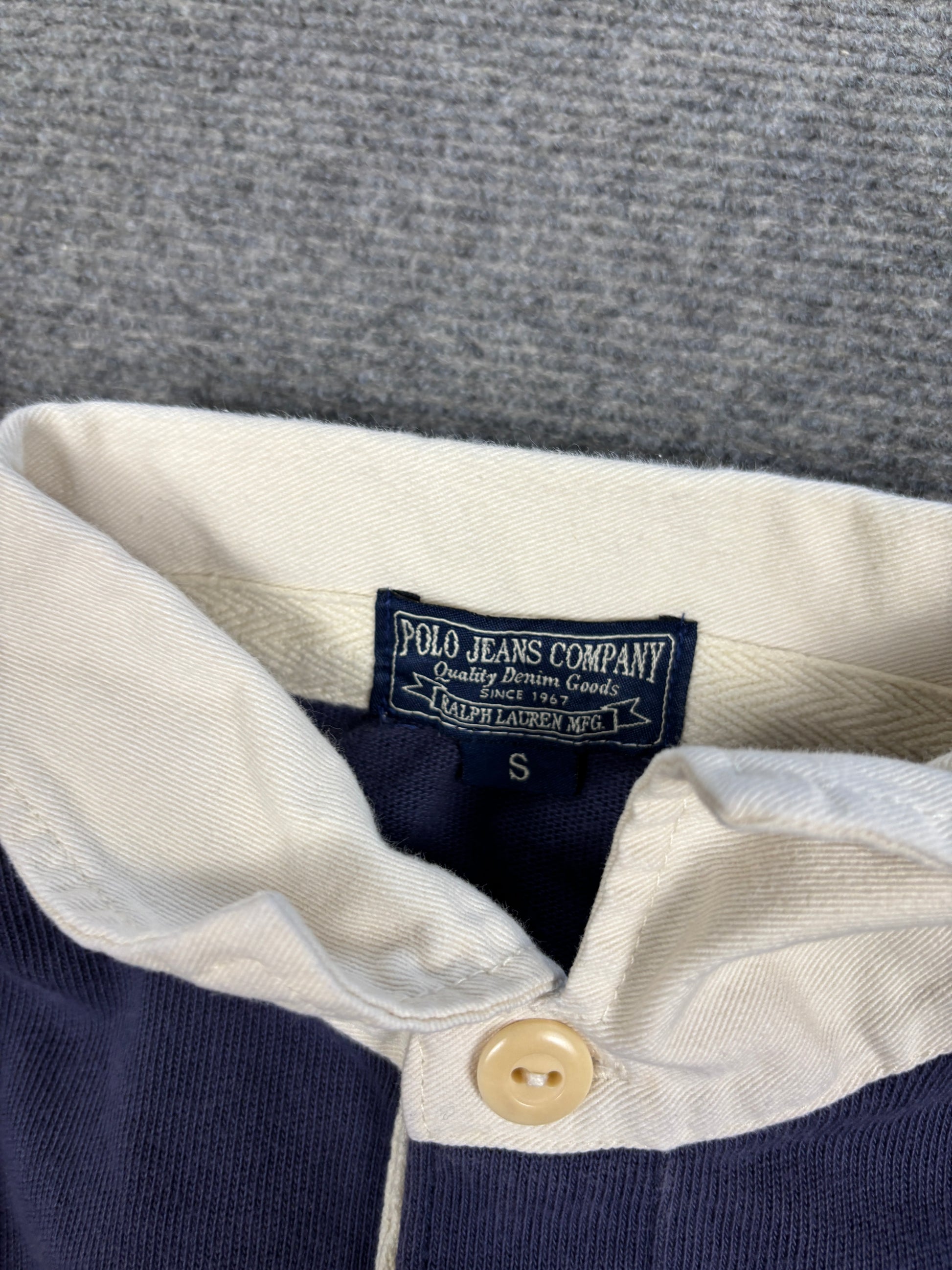 Vintage 90's Ralph Lauren Rugby Polo Men's S Blue Grey Embroidered Badges Logos Collared