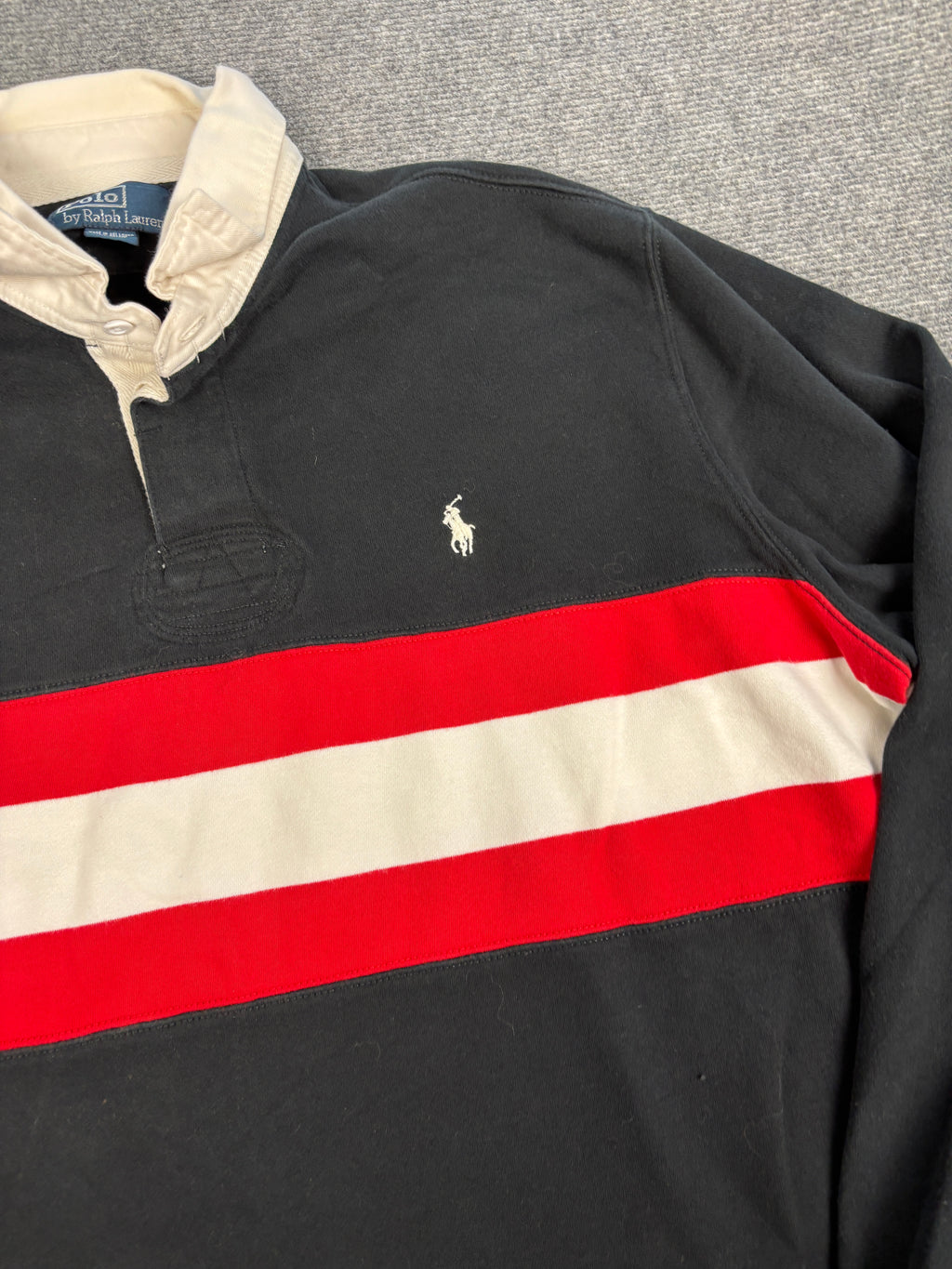 Vintage 90's Ralph Lauren Rugby Polo Men's XL Black Chest Stripe w White Pony Collared