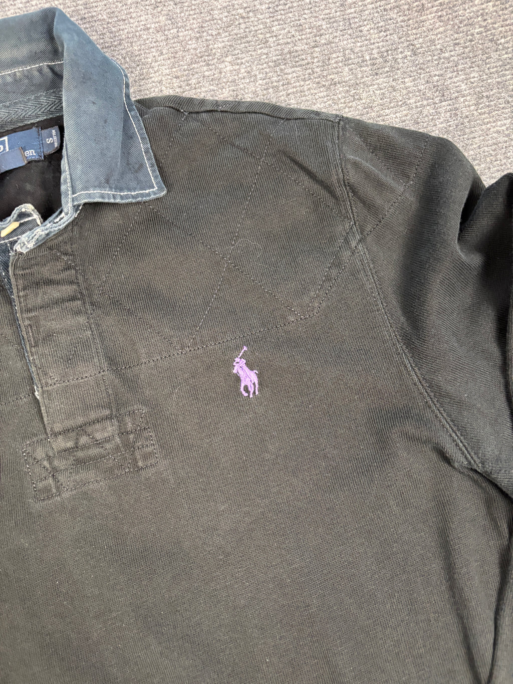 Vintage 90's Ralph Lauren Rugby Polo Men's S Black Purple Pony Denim Collar Collared