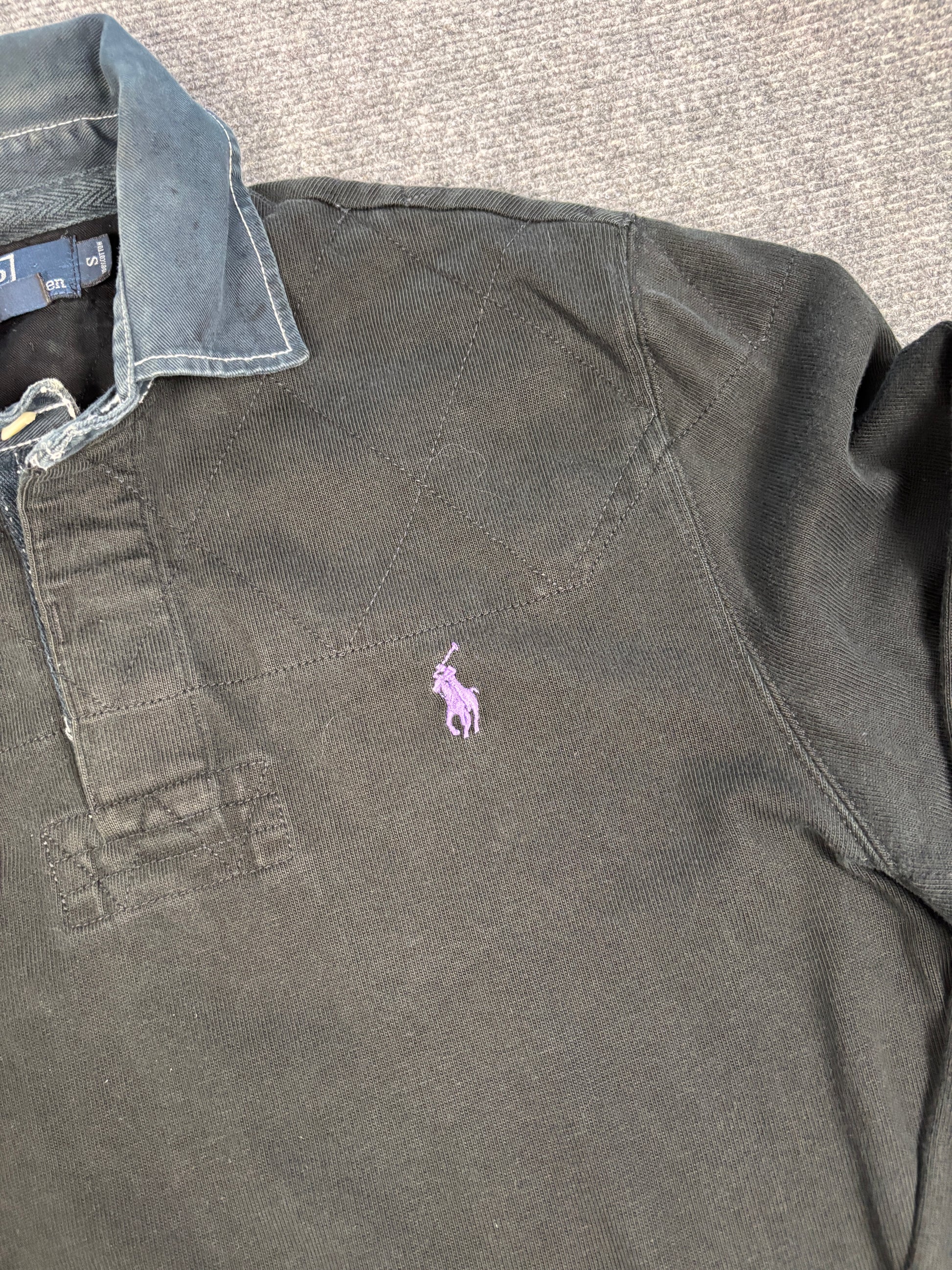 Vintage 90's Ralph Lauren Rugby Polo Men's S Black Purple Pony Denim Collar Collared