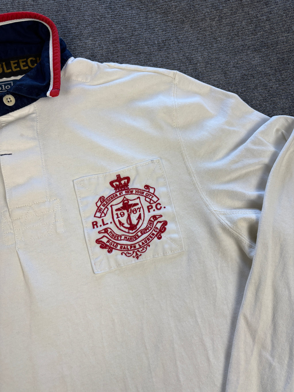 Vintage 90's Ralph Lauren Rugby Polo Men's S White HMS Bleecher Embroidered Logo Collared