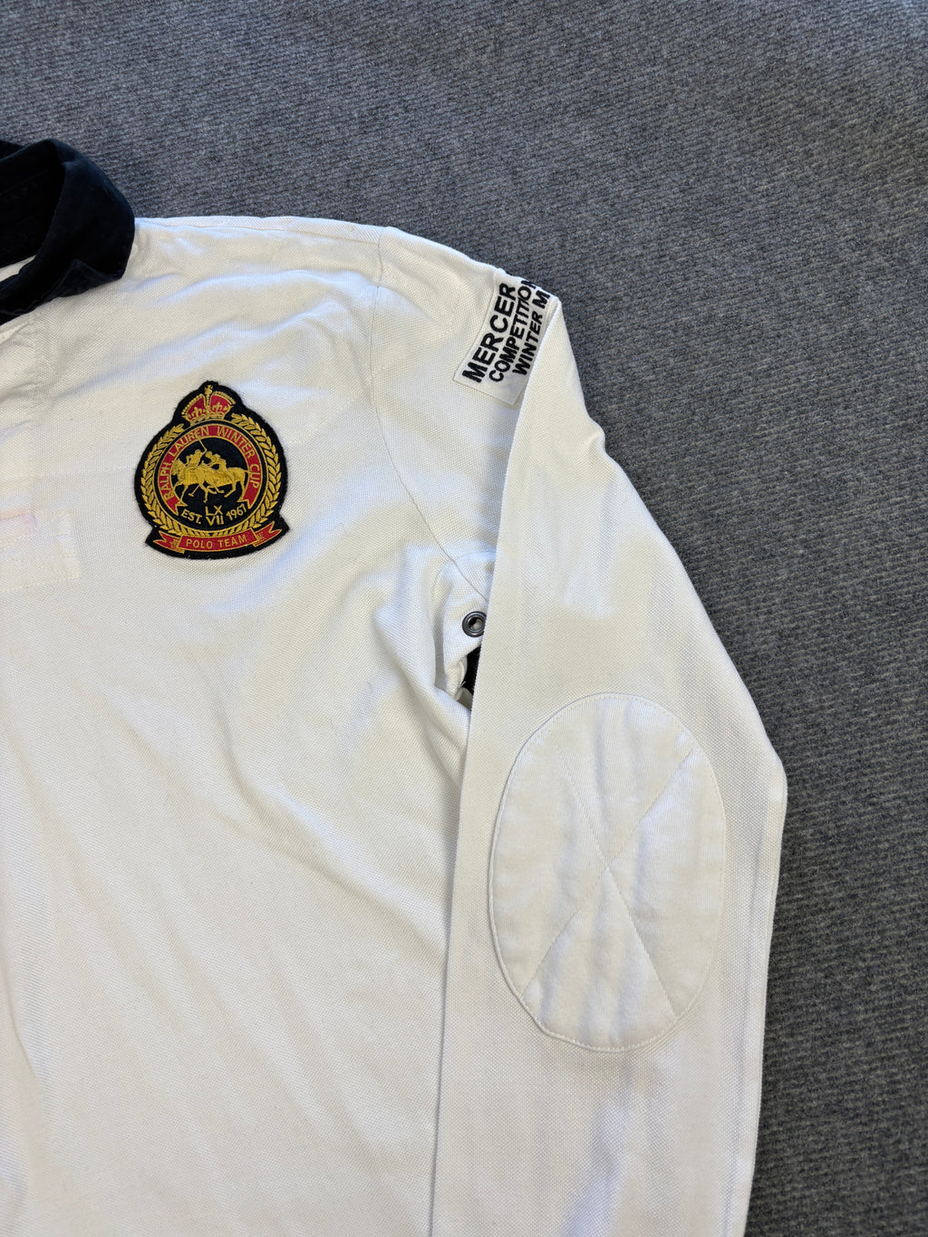 Vintage 90's Ralph Lauren Rugby Polo Men's L White Mercer Club Badge Logo Collared