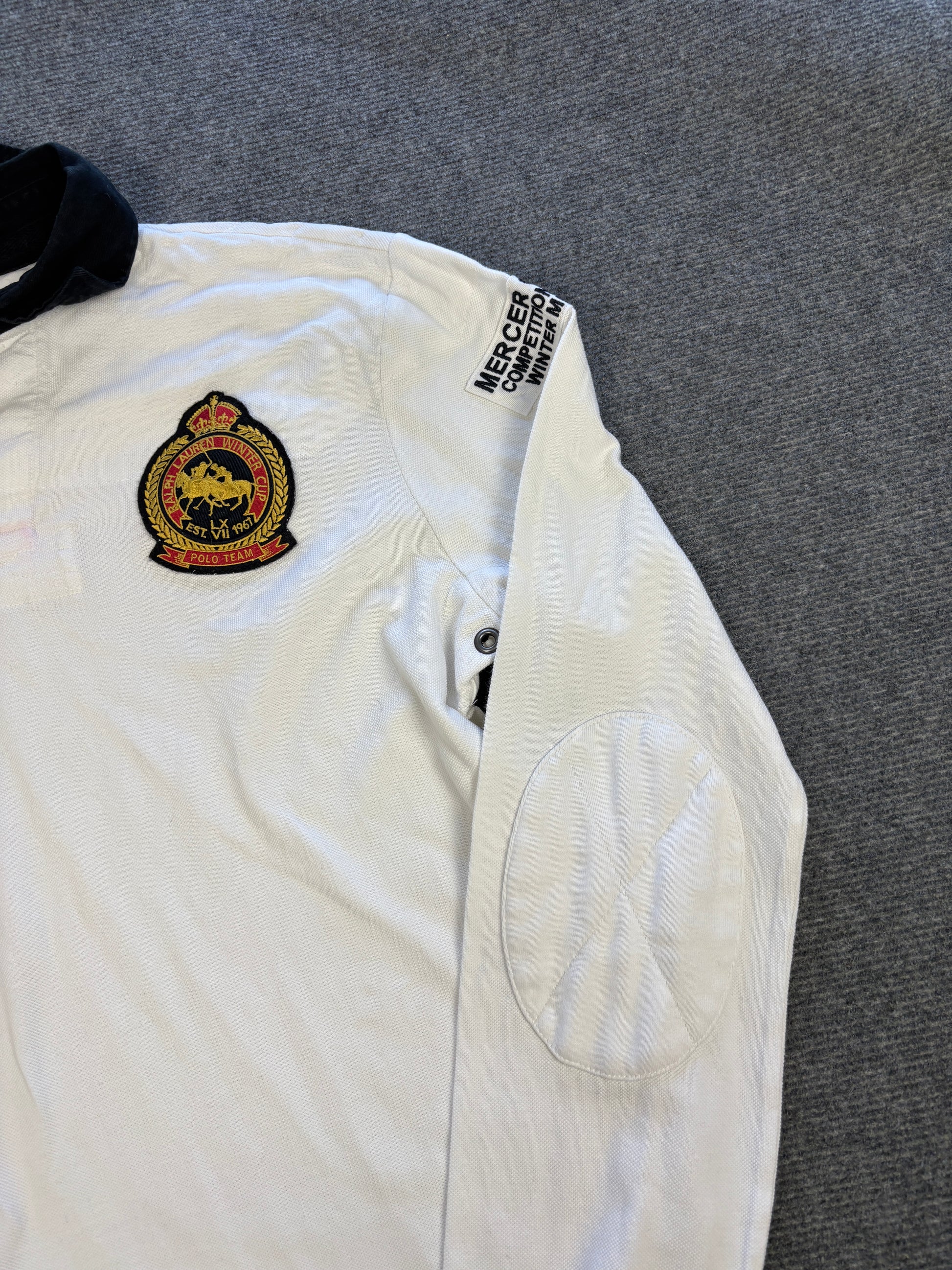 Vintage 90's Ralph Lauren Rugby Polo Men's L White Mercer Club Badge Logo Collared