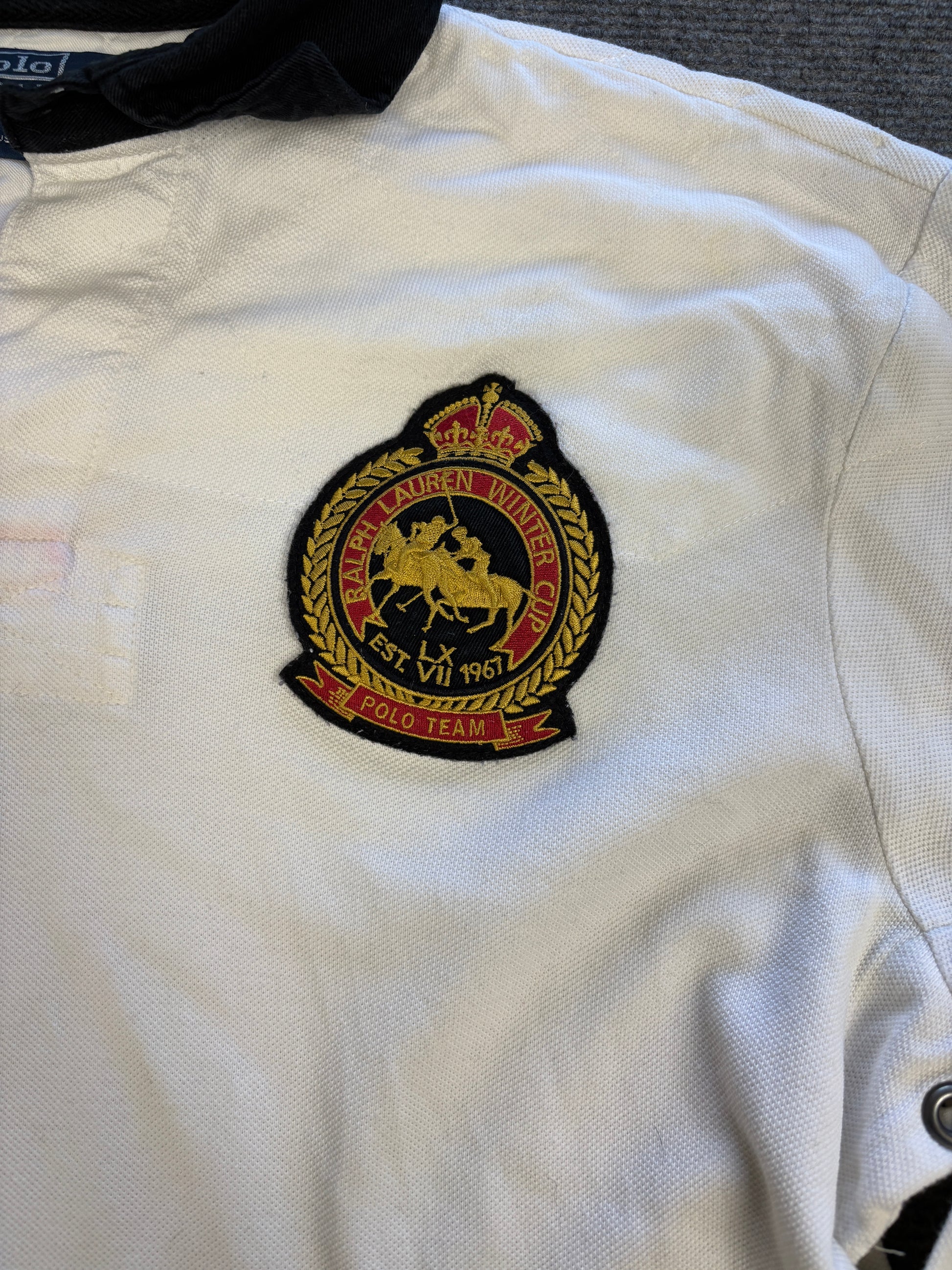 Vintage 90's Ralph Lauren Rugby Polo Men's L White Mercer Club Badge Logo Collared