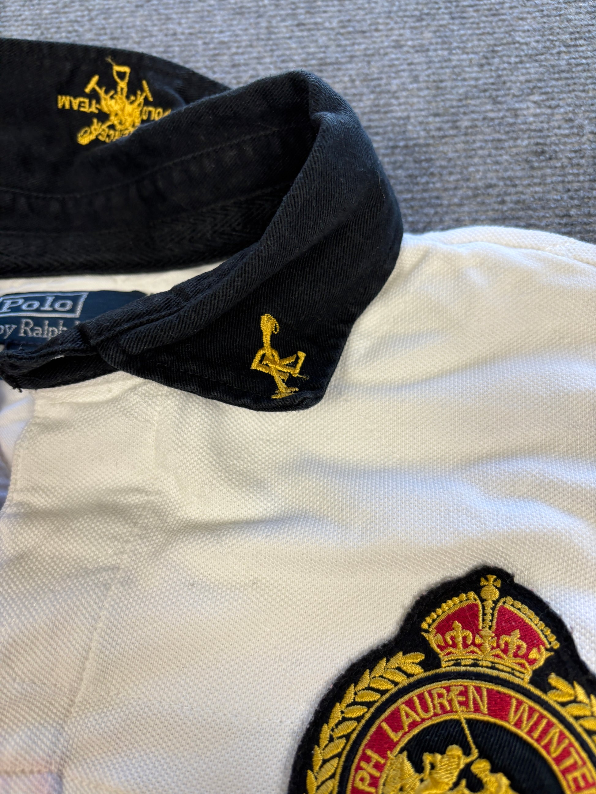 Vintage 90's Ralph Lauren Rugby Polo Men's L White Mercer Club Badge Logo Collared