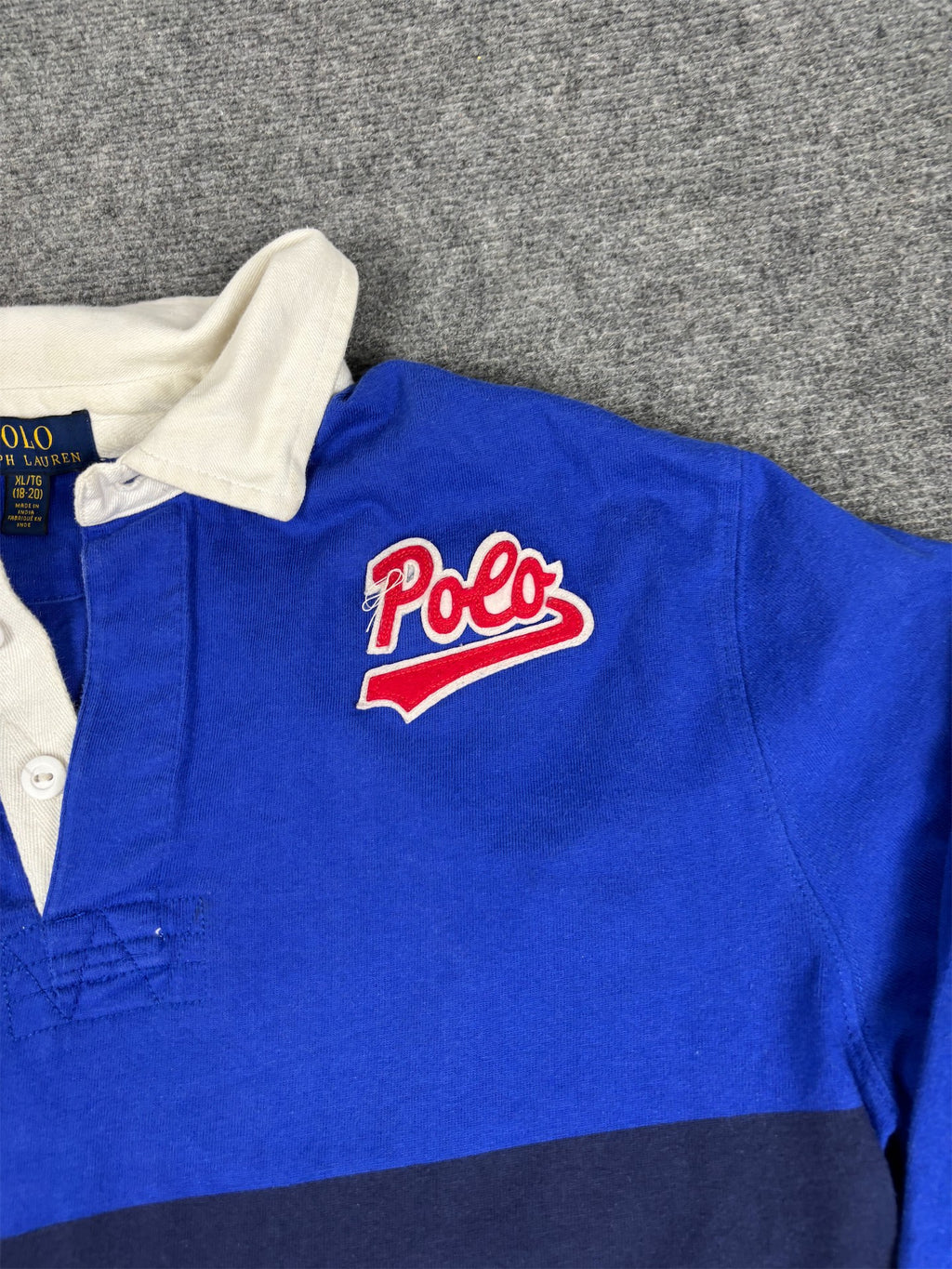 Modern Ralph Lauren Rugby Polo Women's XL Blue Striped Patch Spell Out Logo Collared