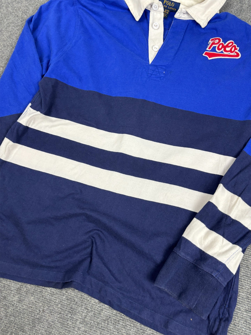 Modern Ralph Lauren Rugby Polo Women's XL Blue Striped Patch Spell Out Logo Collared