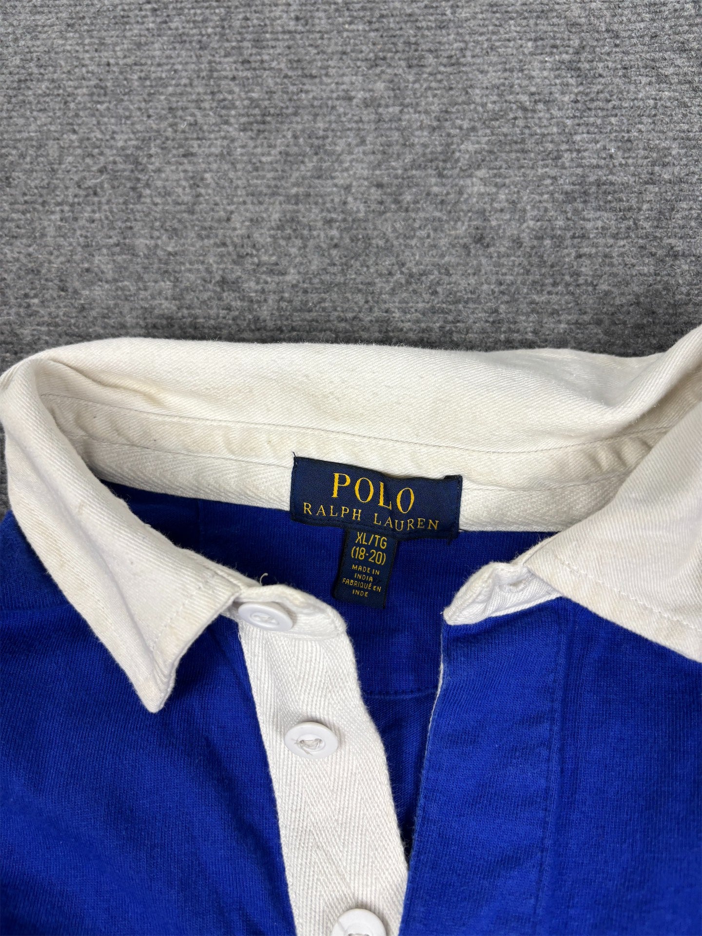 Modern Ralph Lauren Rugby Polo Women's XL Blue Striped Patch Spell Out Logo Collared