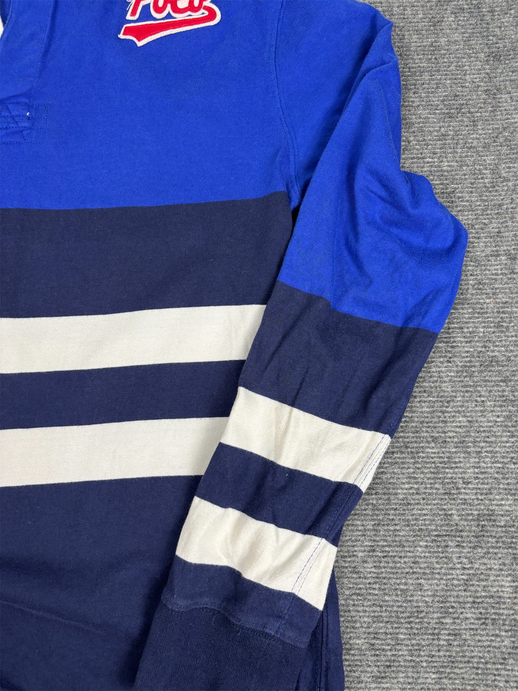 Modern Ralph Lauren Rugby Polo Women's XL Blue Striped Patch Spell Out Logo Collared
