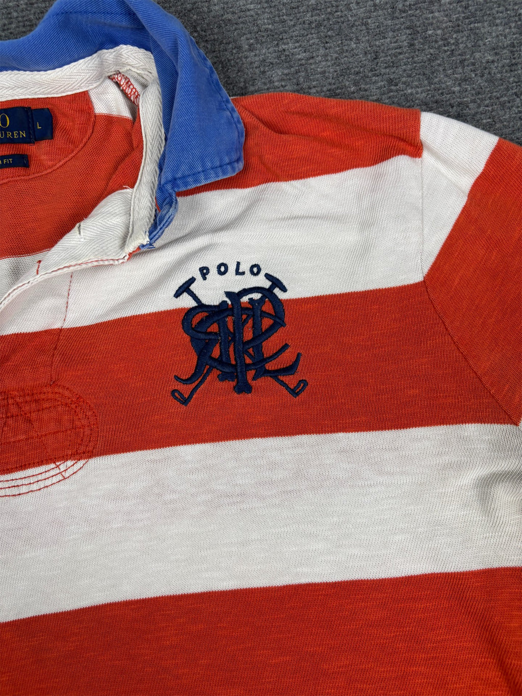Modern Ralph Lauren Rugby Polo Men's L Orange White Striped Double R Logo Embroidered Oversized Collared