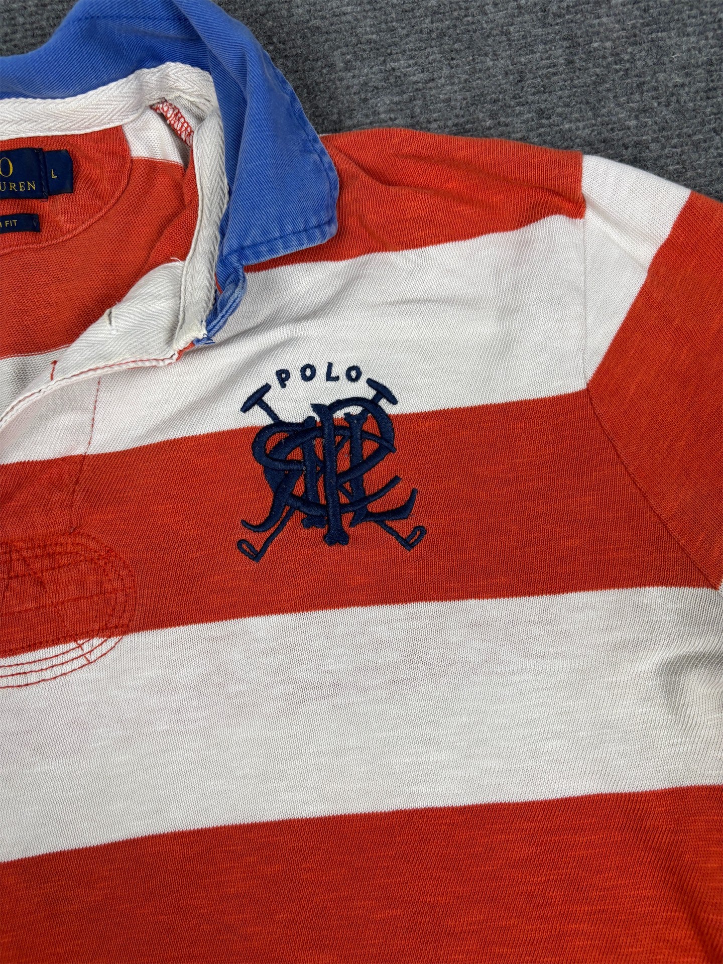 Modern Ralph Lauren Rugby Polo Men's L Orange White Striped Double R Logo Embroidered Oversized Collared