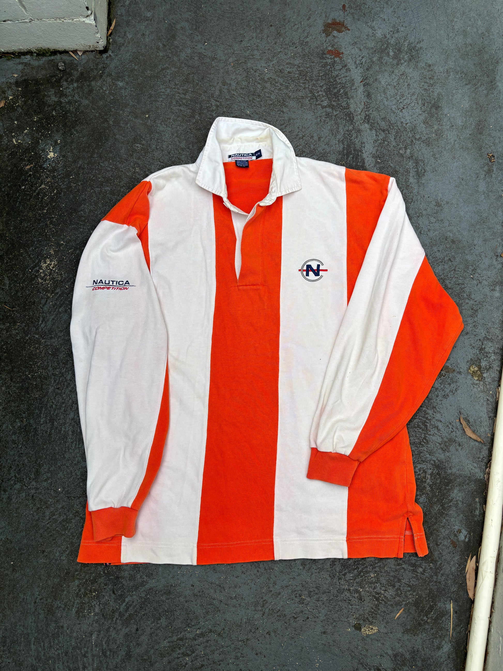 Vintage 90s Nautica Competition Rugby Polo Size M Oversized White Orange Stripe Logos