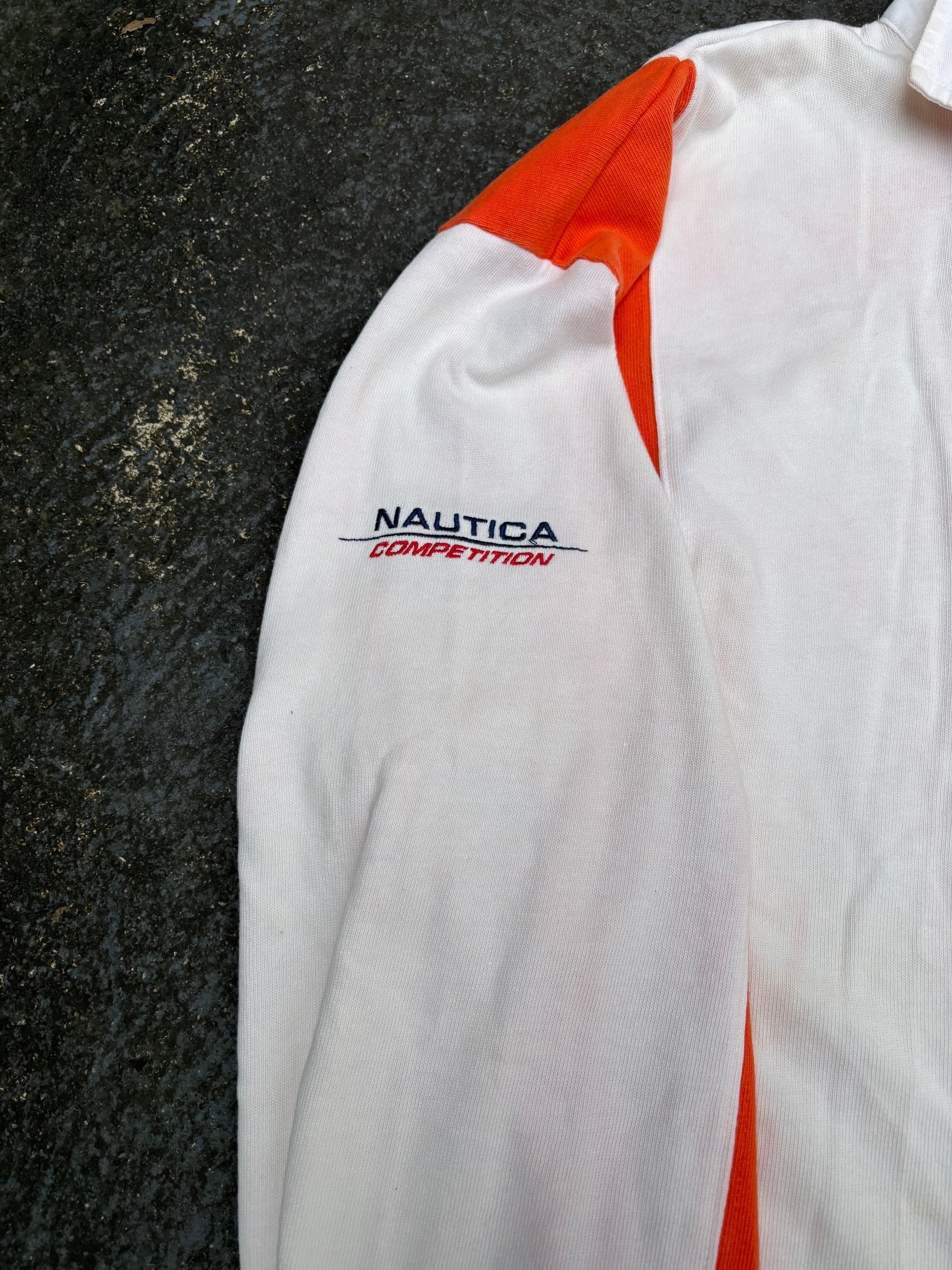 Vintage 90s Nautica Competition Rugby Polo Size M Oversized White Orange Stripe Logos