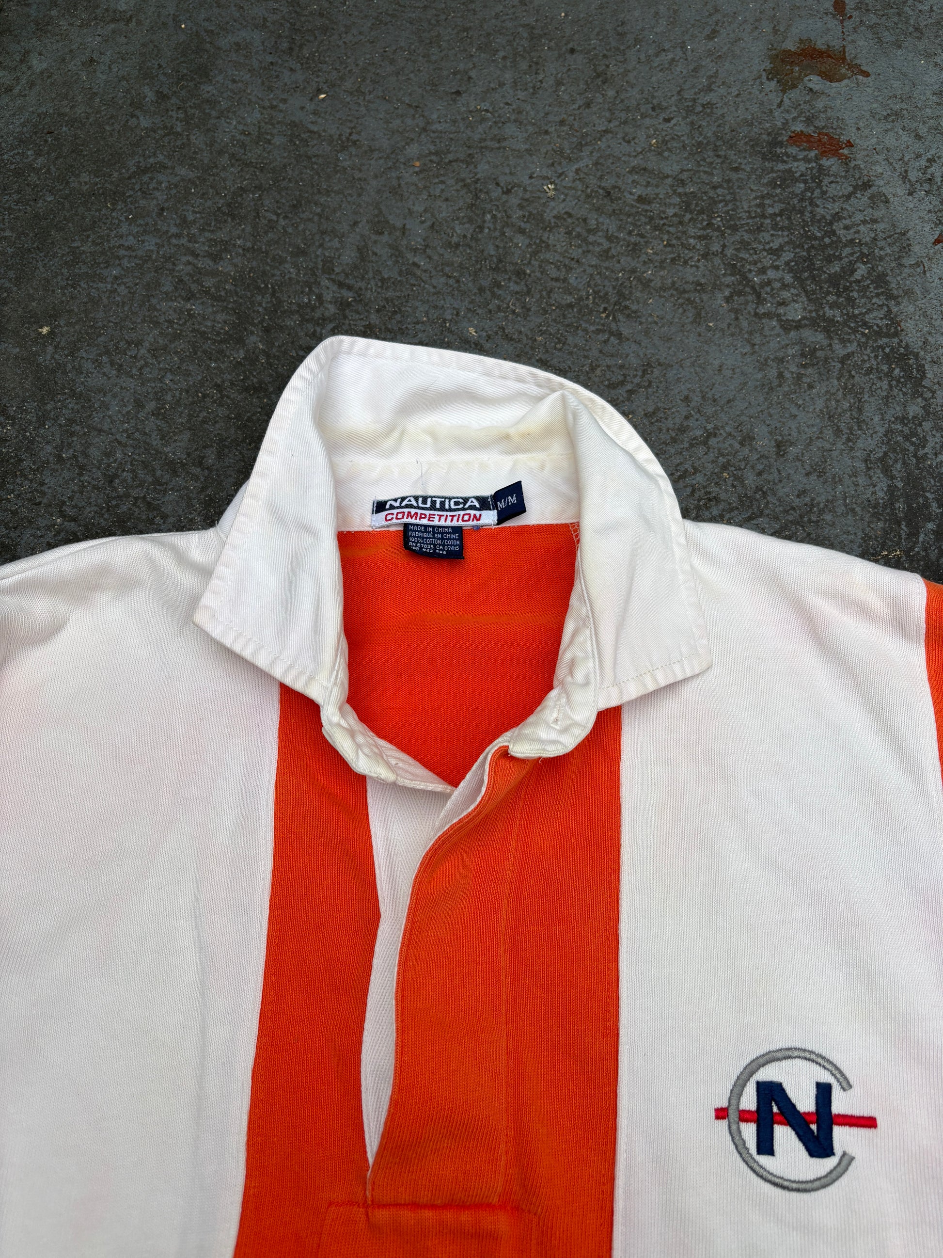 Vintage 90s Nautica Competition Rugby Polo Size M Oversized White Orange Stripe Logos
