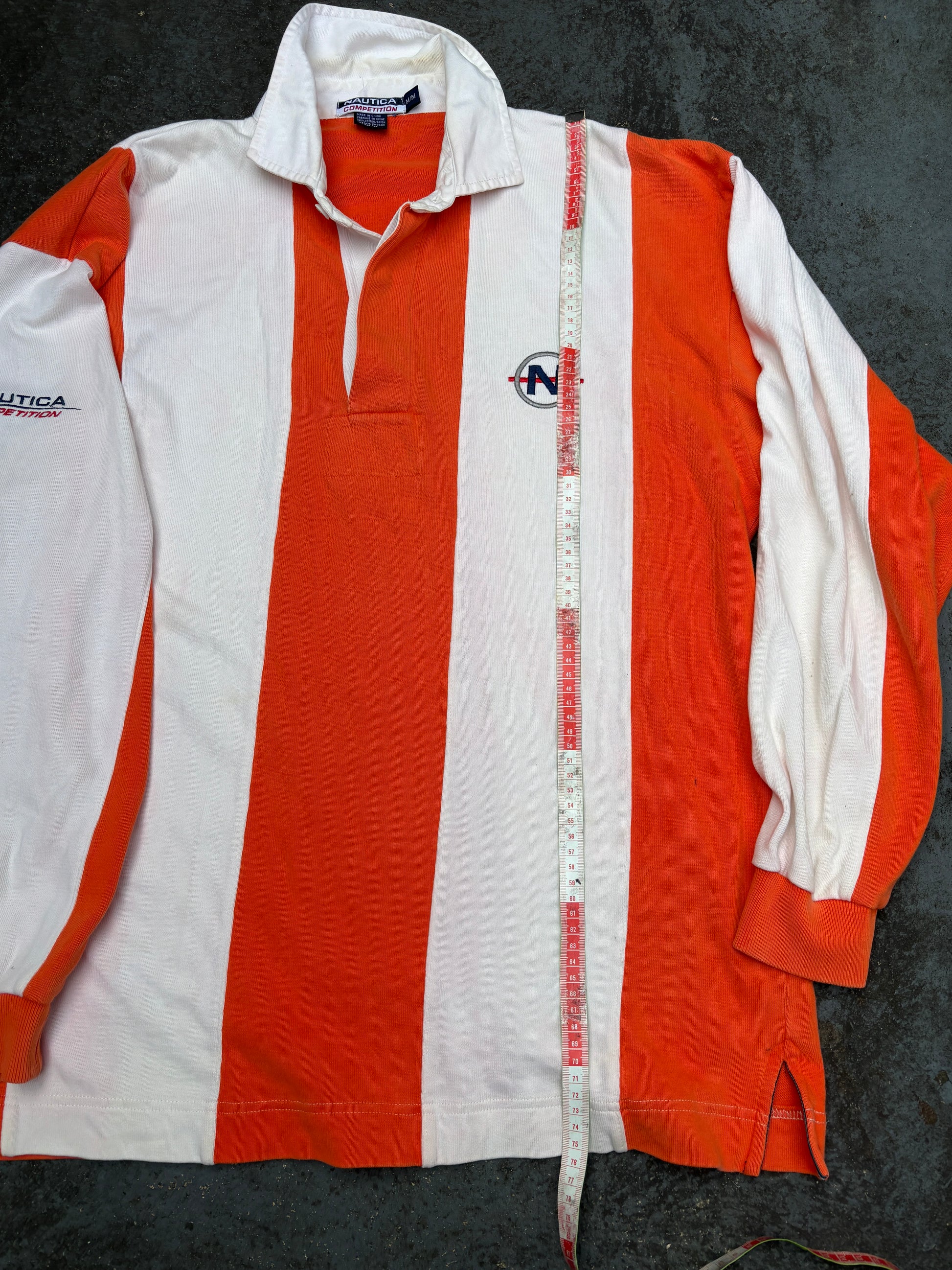 Vintage 90s Nautica Competition Rugby Polo Size M Oversized White Orange Stripe Logos