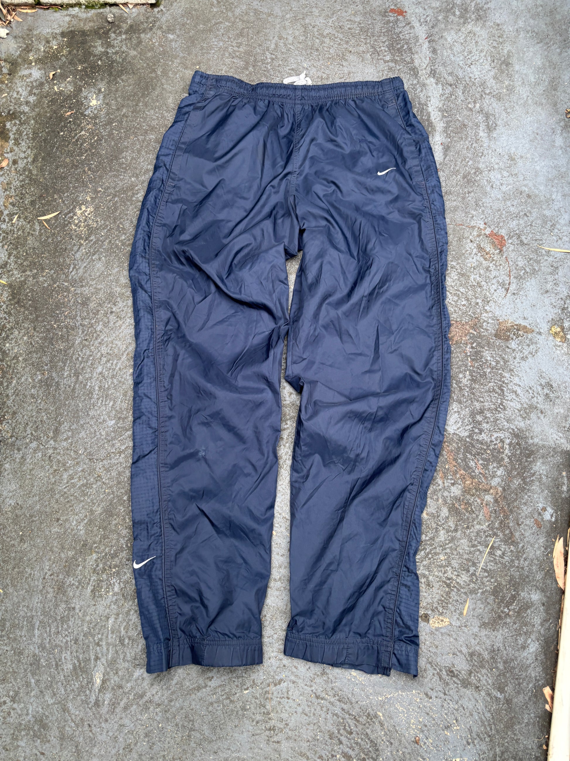 Vintage 90s Nike Track Pants Men’s S Navy Detail Swoosh Nylon Wide Leg Windbreakers