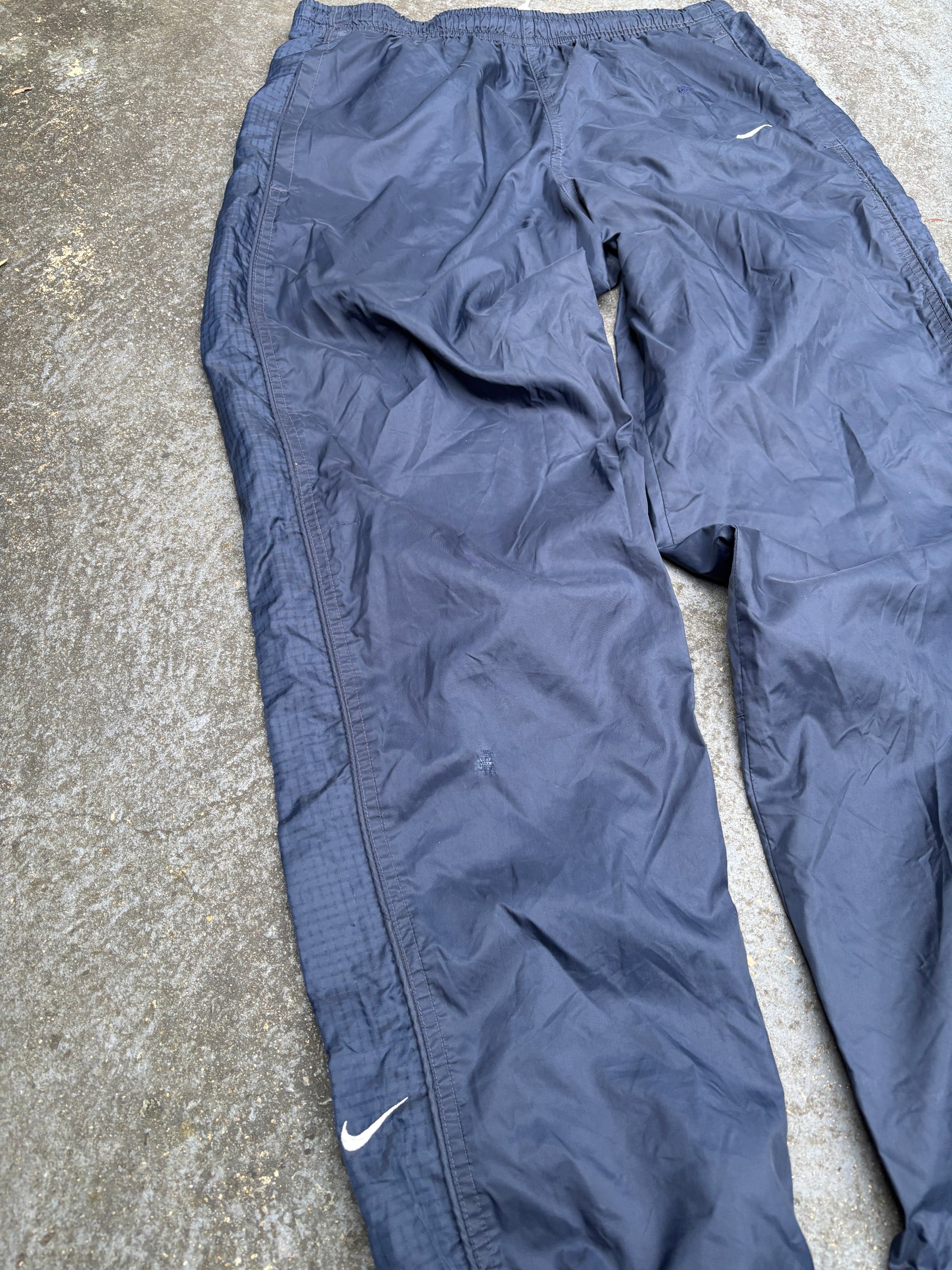 Vintage 90s Nike Track Pants Men’s S Navy Detail Swoosh Nylon Wide Leg Windbreakers