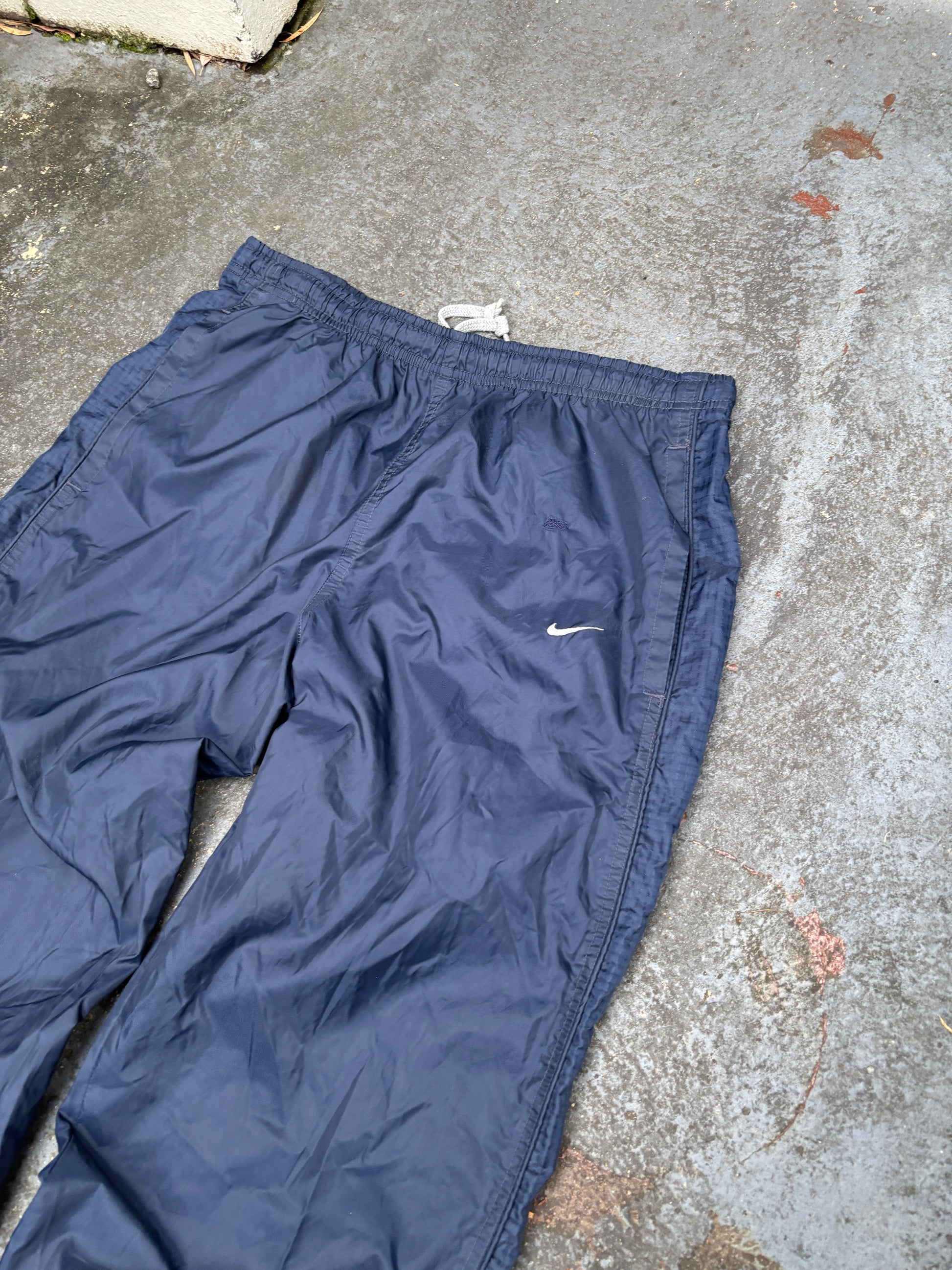 Vintage 90s Nike Track Pants Men’s S Navy Detail Swoosh Nylon Wide Leg Windbreakers