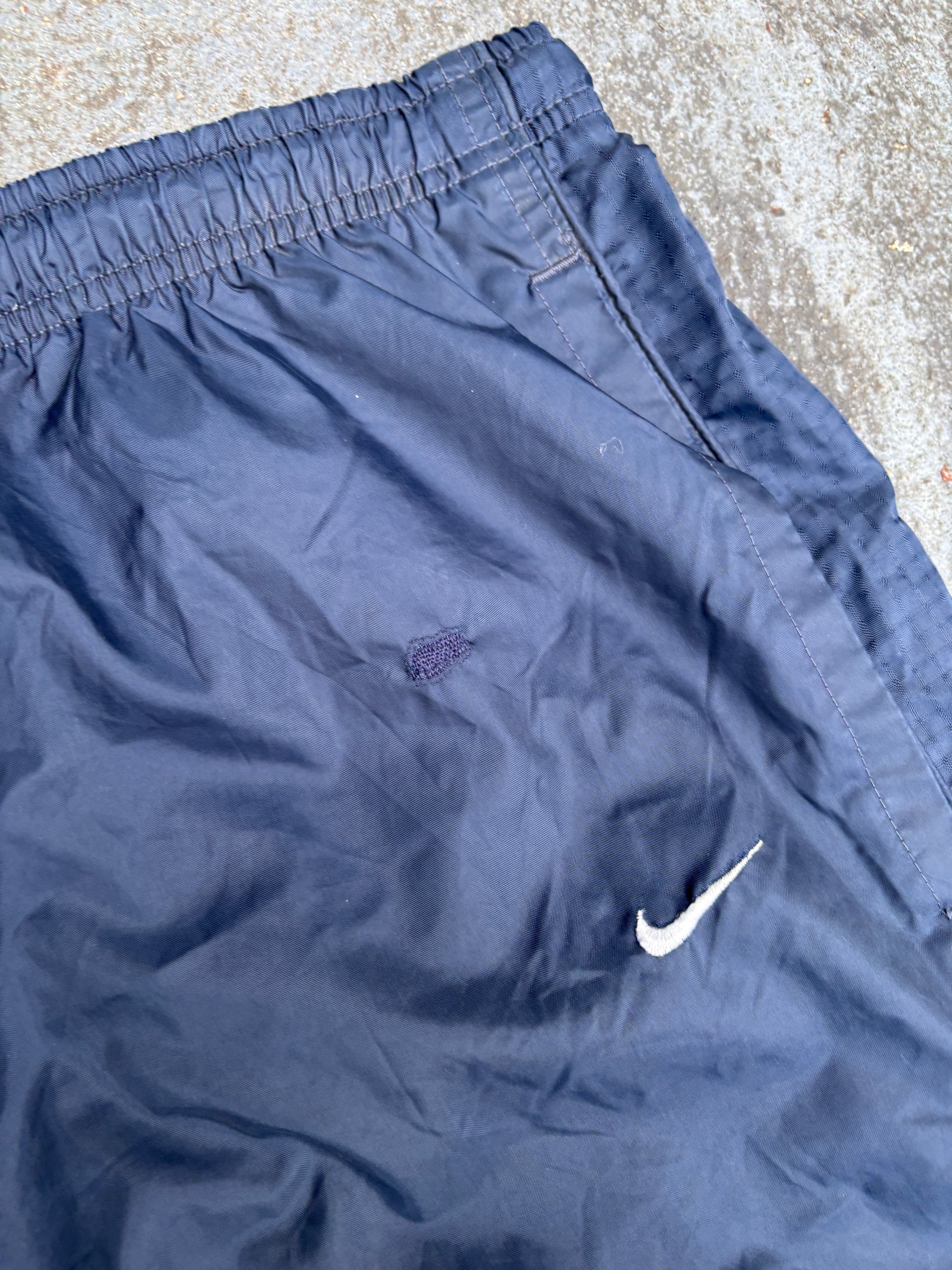 Vintage 90s Nike Track Pants Men’s S Navy Detail Swoosh Nylon Wide Leg Windbreakers