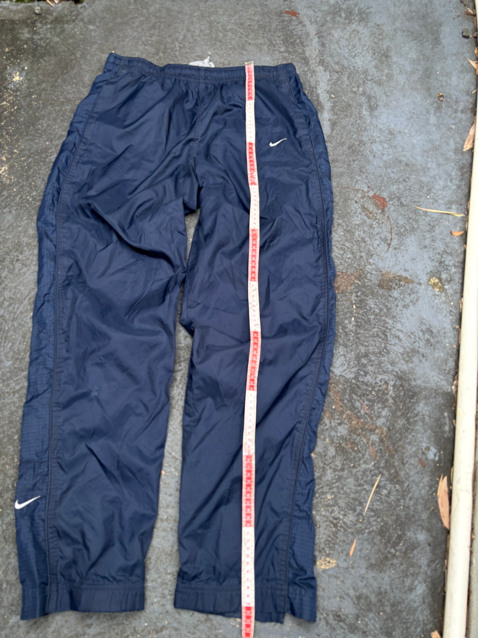 Vintage 90s Nike Track Pants Men’s S Navy Detail Swoosh Nylon Wide Leg Windbreakers