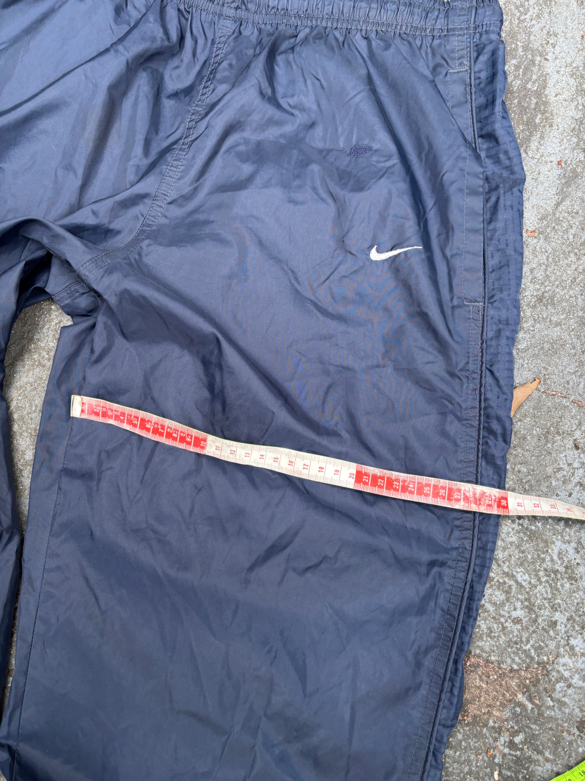 Vintage 90s Nike Track Pants Men’s S Navy Detail Swoosh Nylon Wide Leg Windbreakers