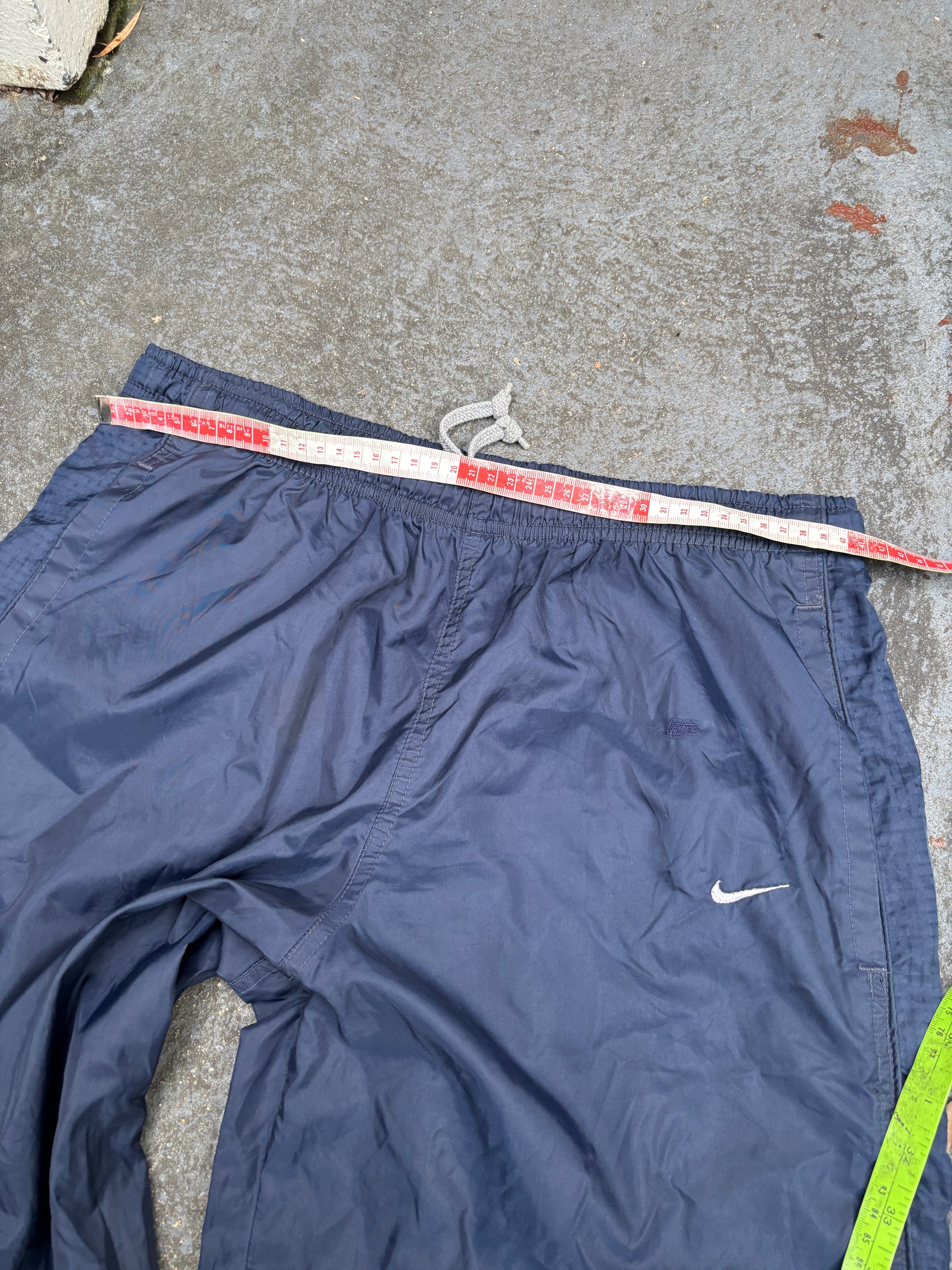 Vintage 90s Nike Track Pants Men’s S Navy Detail Swoosh Nylon Wide Leg Windbreakers