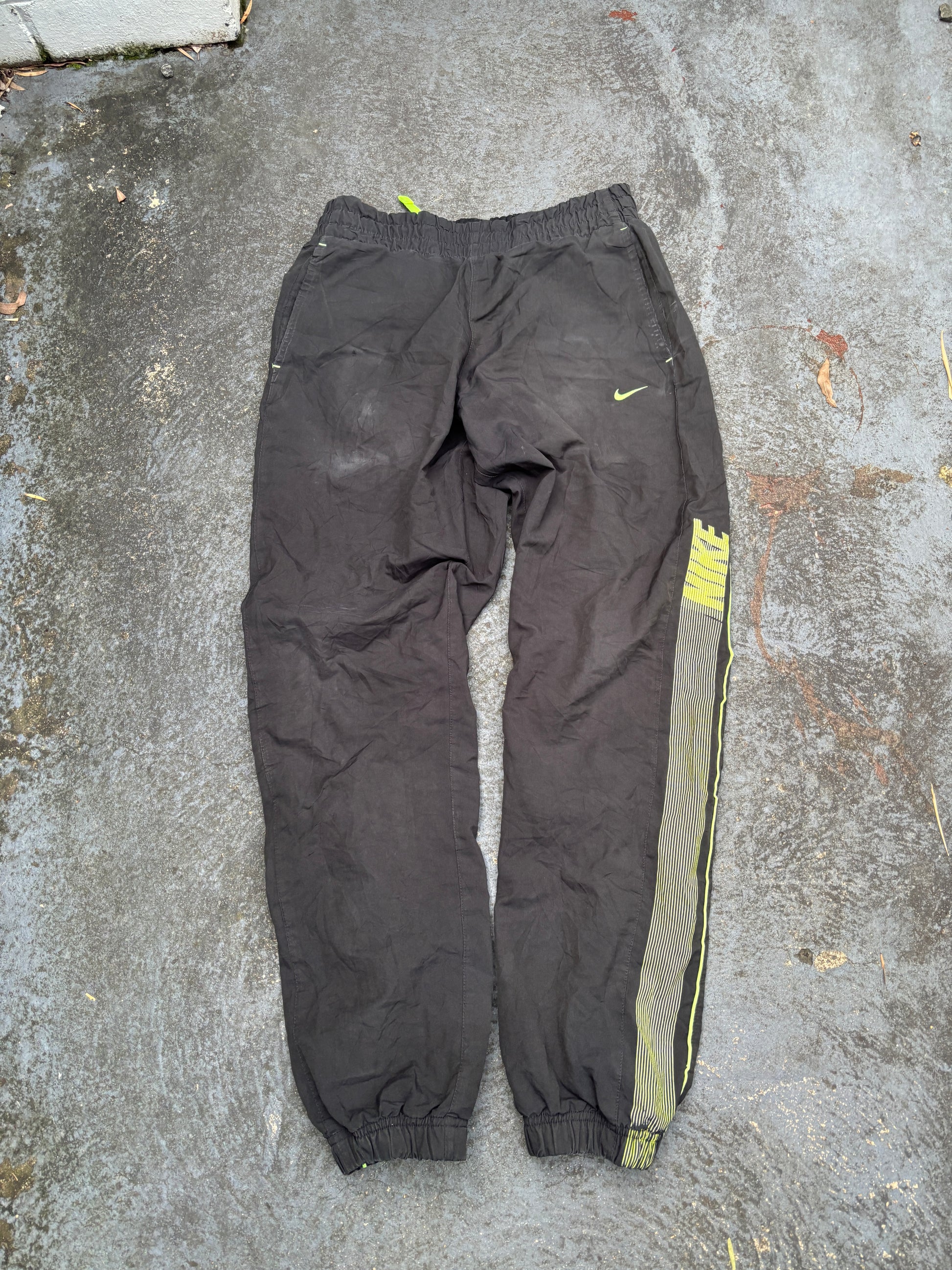 Vintage Y2K Nike Track Pants Men’s S Black Lime Green Spell Out Logo Windbreakers