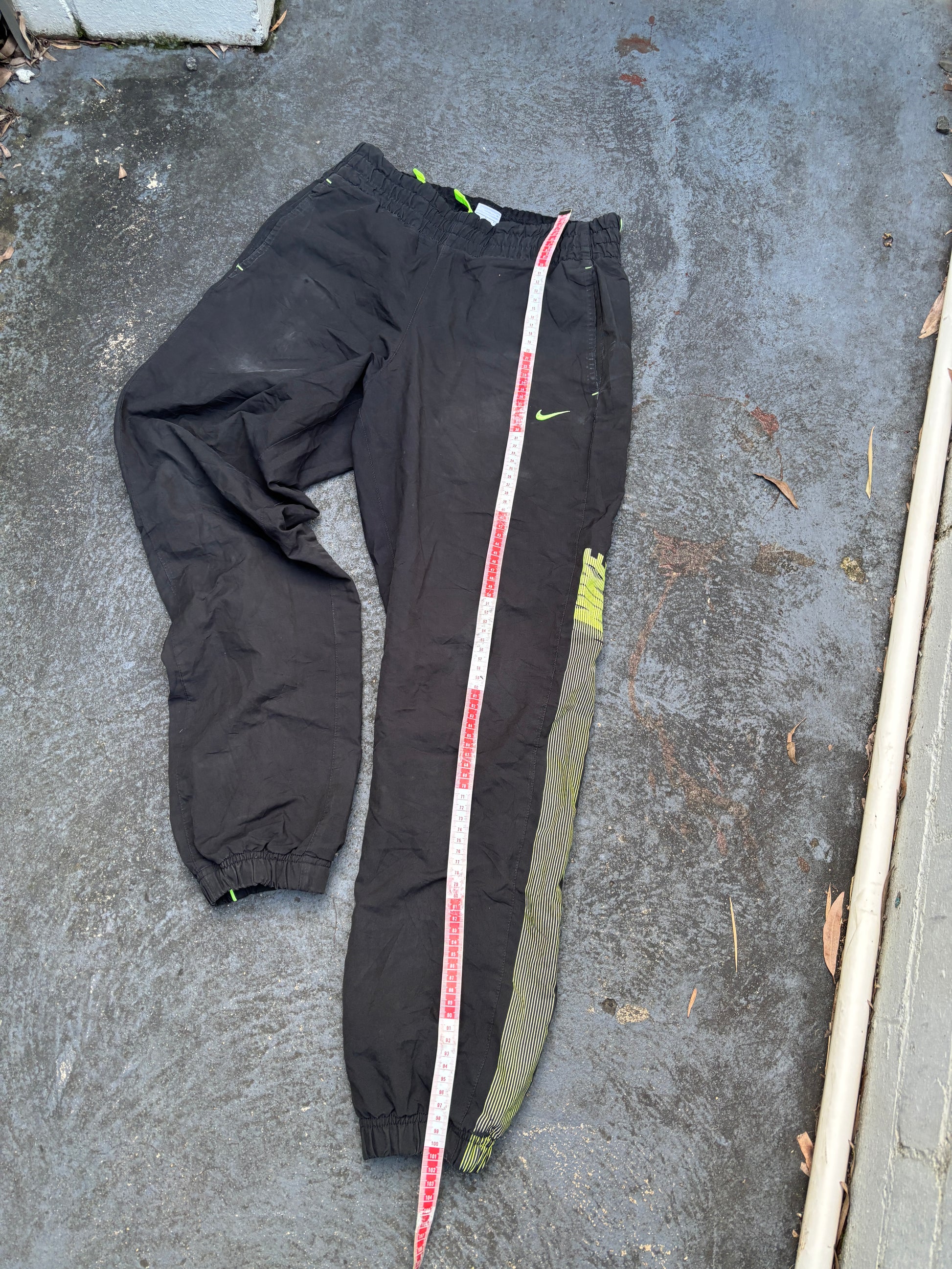 Vintage Y2K Nike Track Pants Men’s S Black Lime Green Spell Out Logo Windbreakers