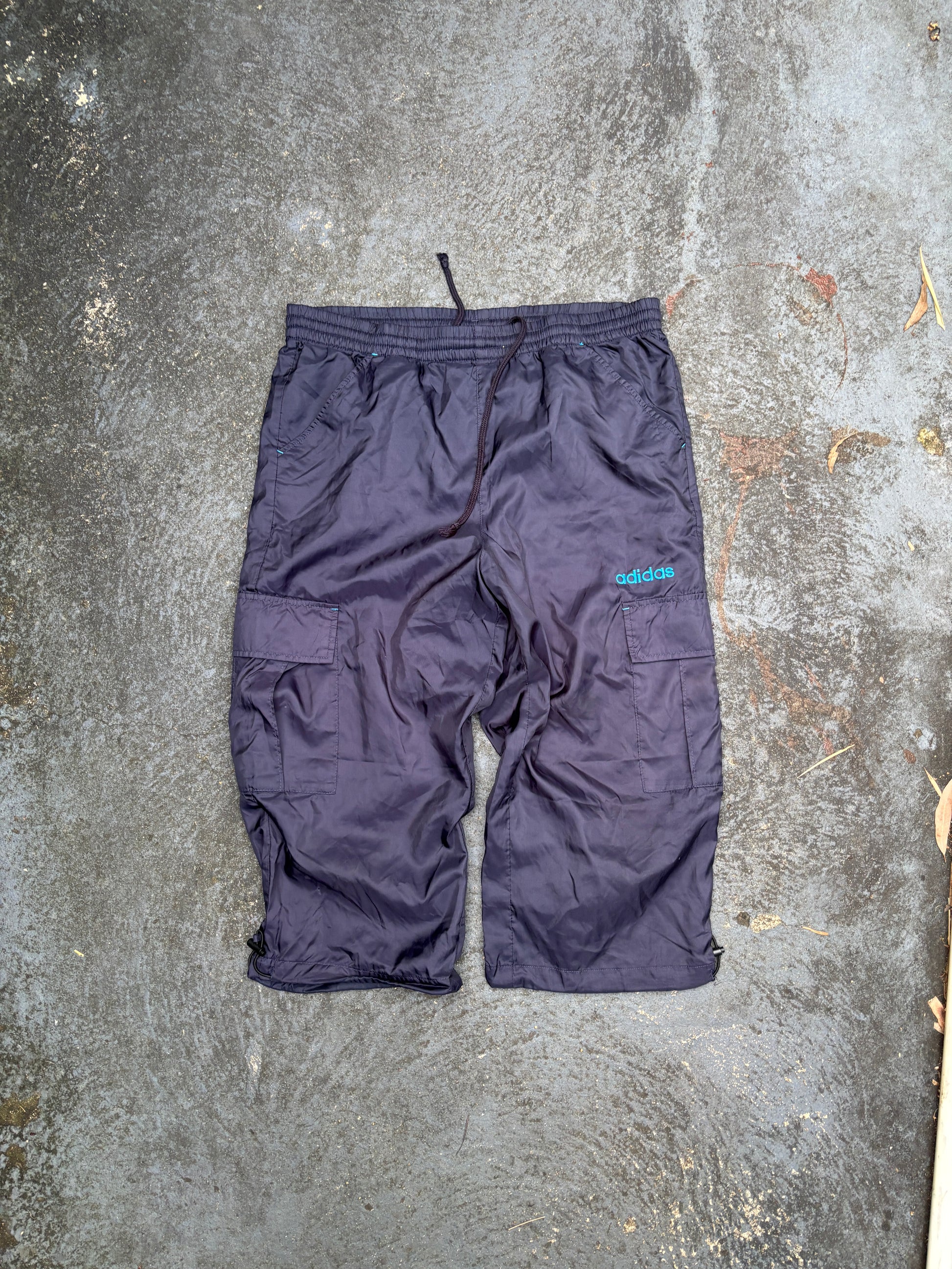 Adidas 3/4 Cargo Track Pants Size M Navy Blue Spell Out Logo Nylon Windbreakers