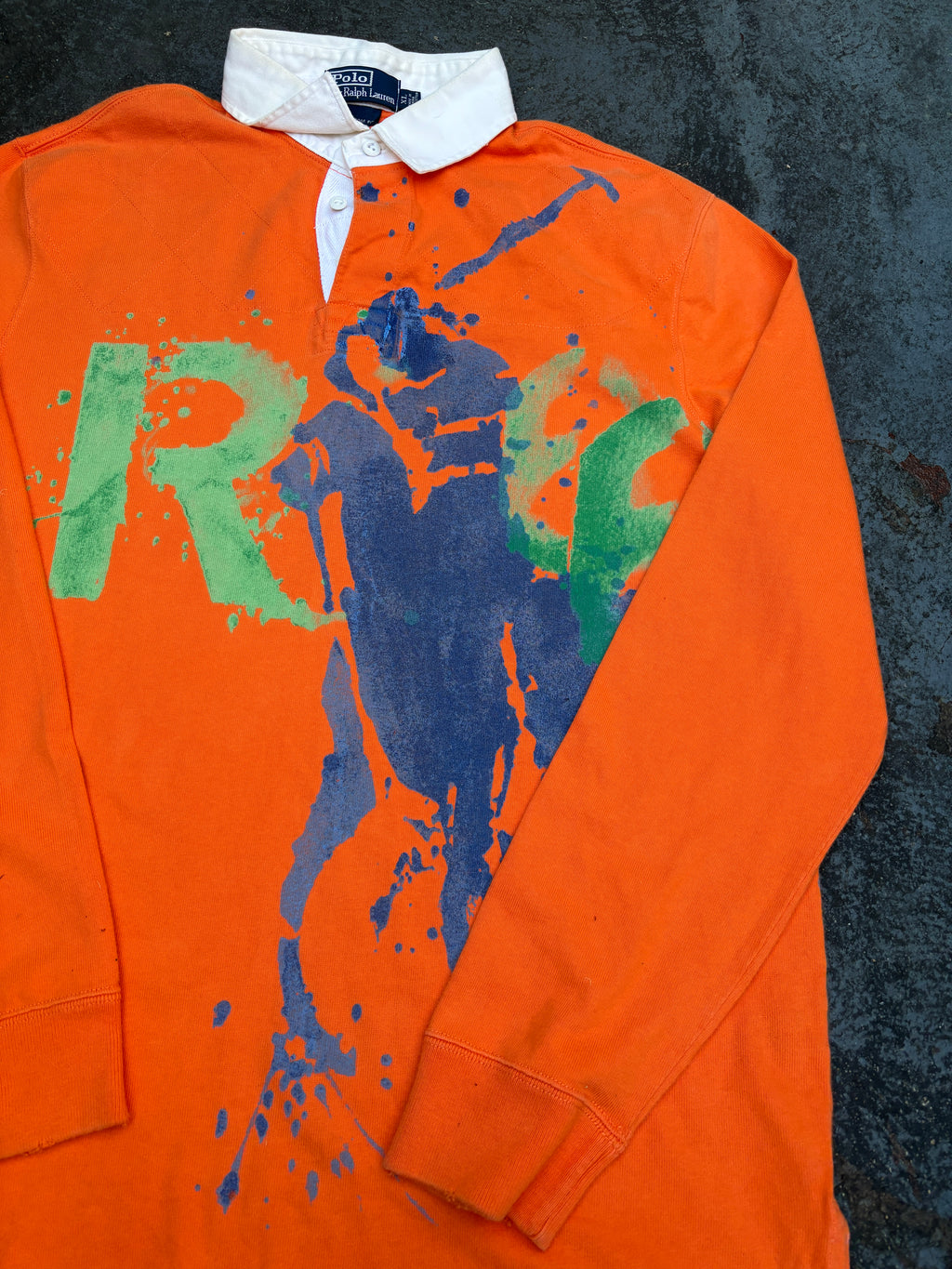 Vintage 90s Polo Ralph Lauren Rugby Polo Men’s XL Orange Cotton Distressed Painted Logo