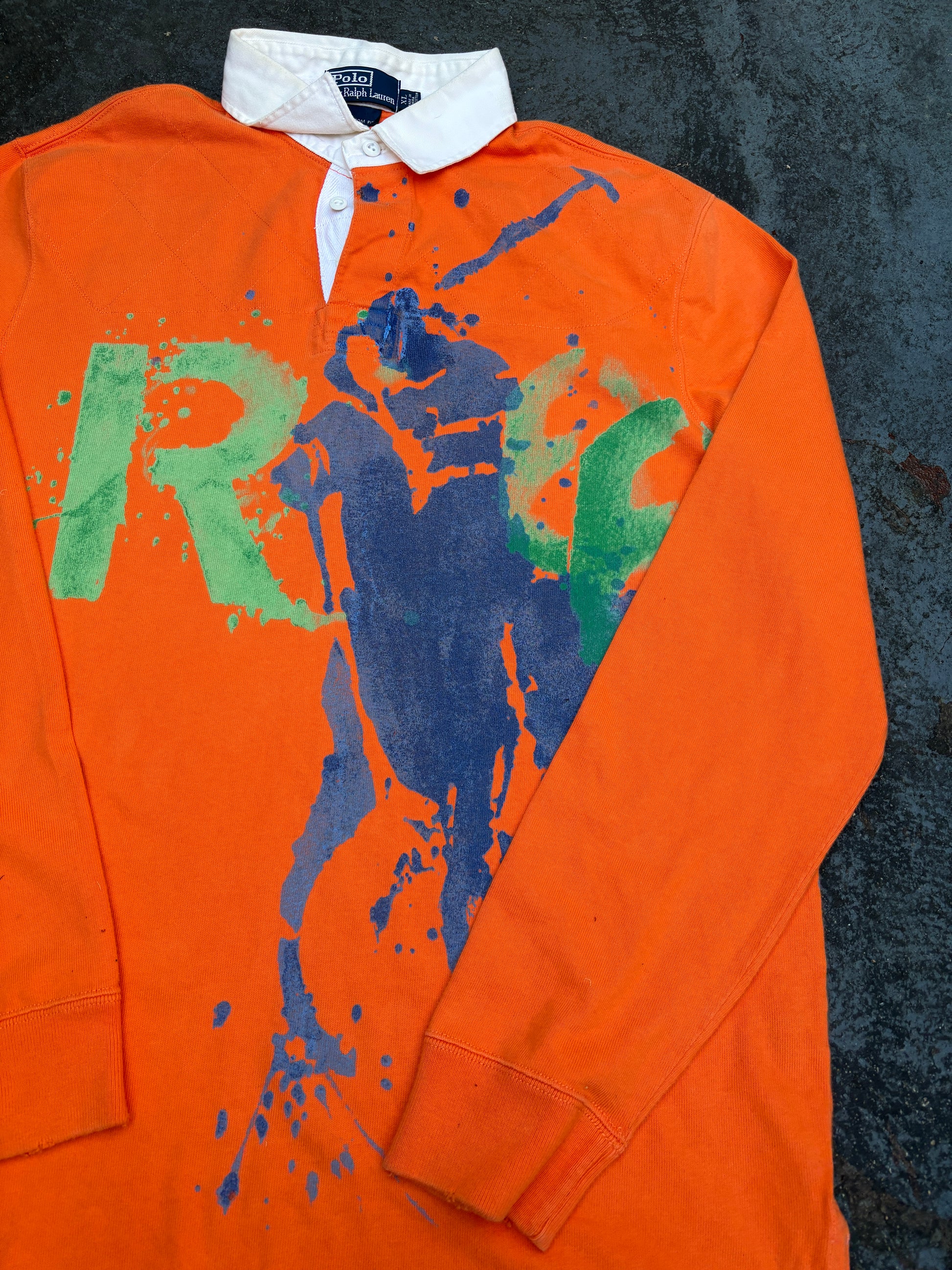 Vintage 90s Polo Ralph Lauren Rugby Polo Men’s XL Orange Cotton Distressed Painted Logo
