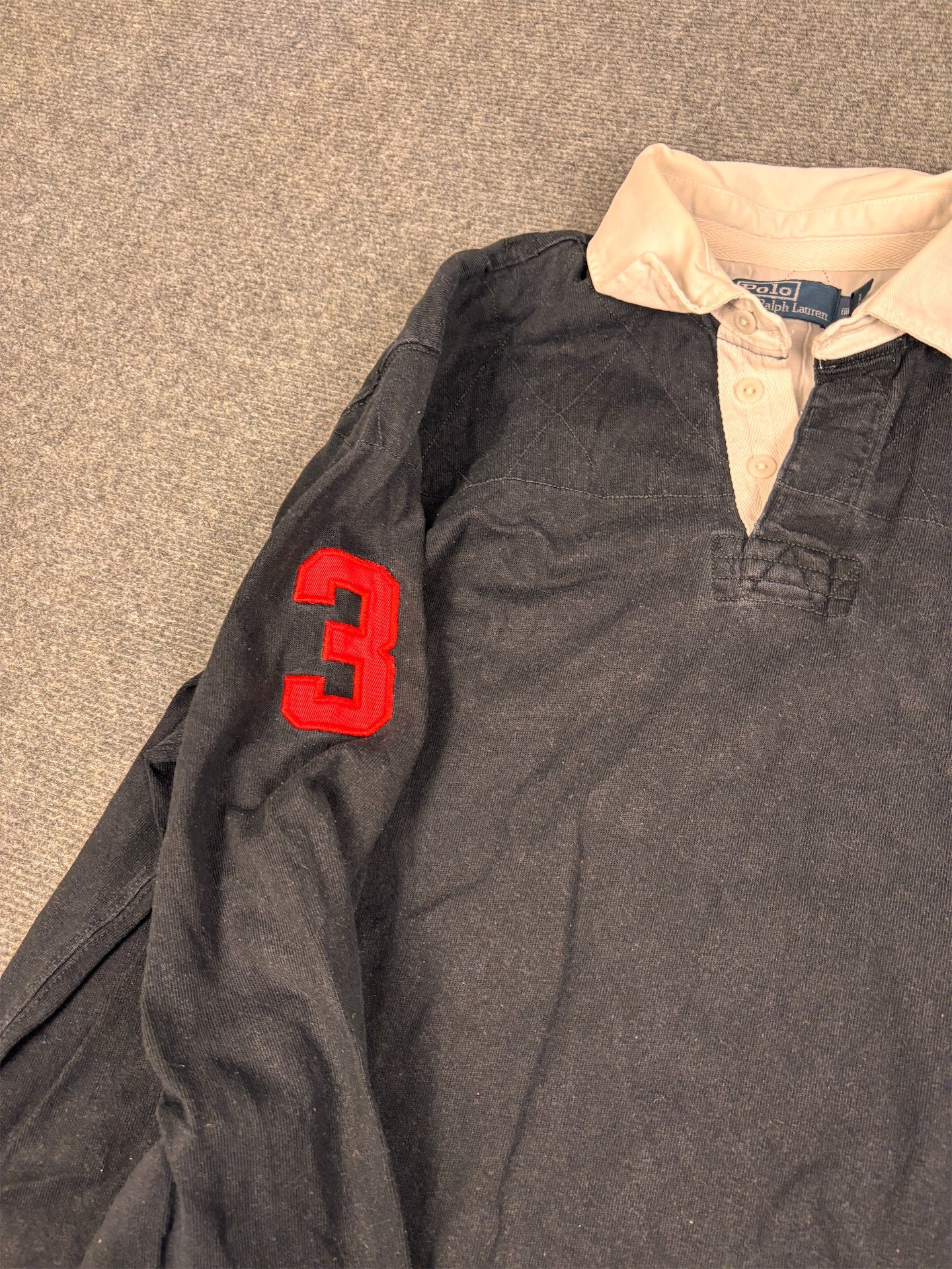 Vintage 90's Ralph Lauren Rugby Polo Men's L Black Red Big Polo Number Patches Collared