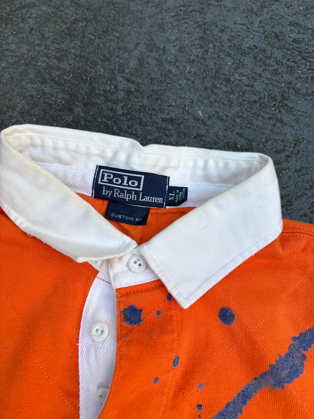 Vintage 90s Polo Ralph Lauren Rugby Polo Men’s XL Orange Cotton Distressed Painted Logo