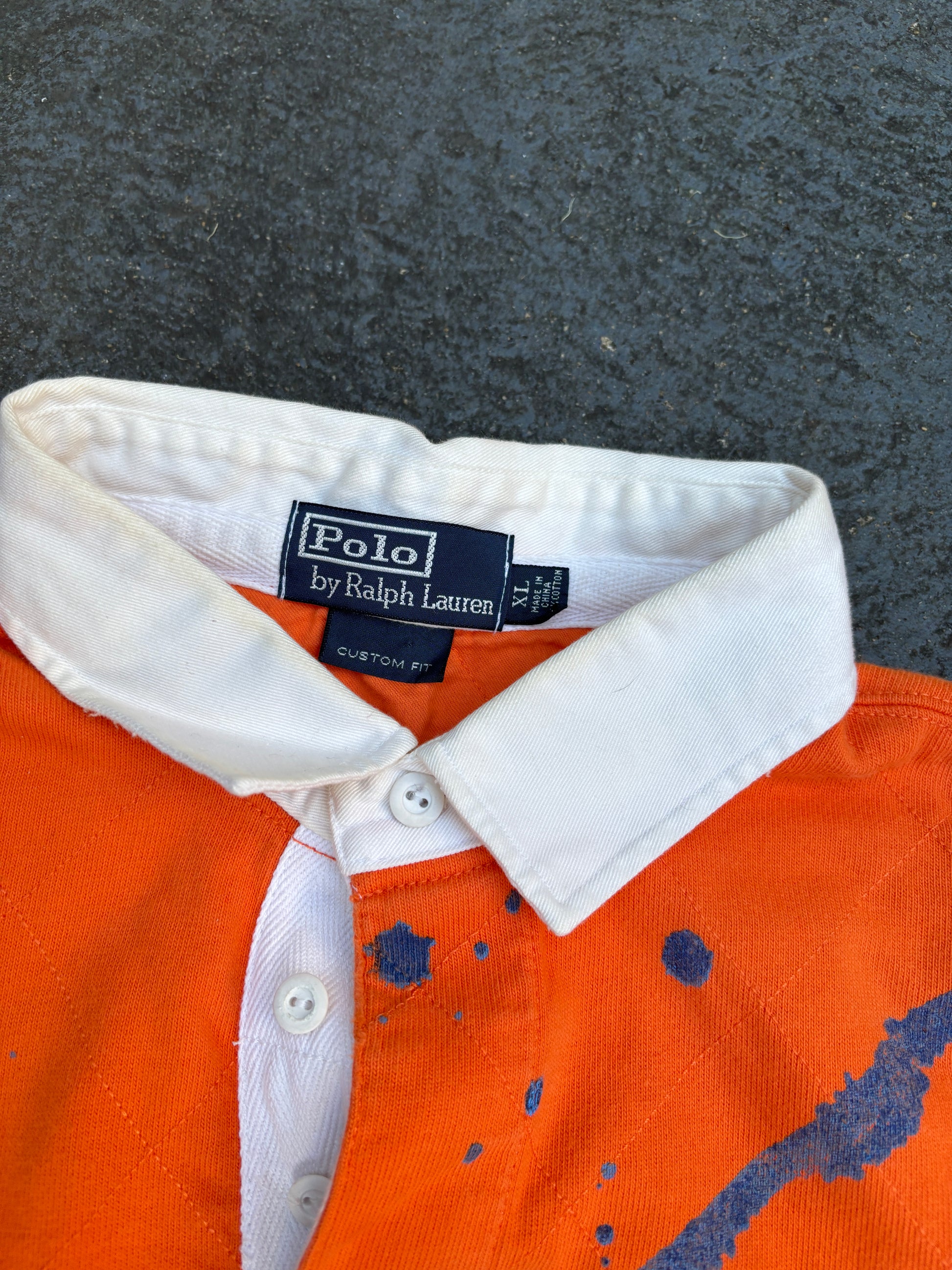 Vintage 90s Polo Ralph Lauren Rugby Polo Men’s XL Orange Cotton Distressed Painted Logo