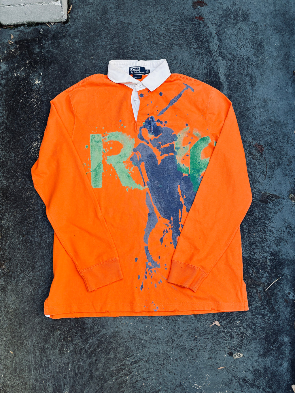 Vintage 90s Polo Ralph Lauren Rugby Polo Men’s XL Orange Cotton Distressed Painted Logo