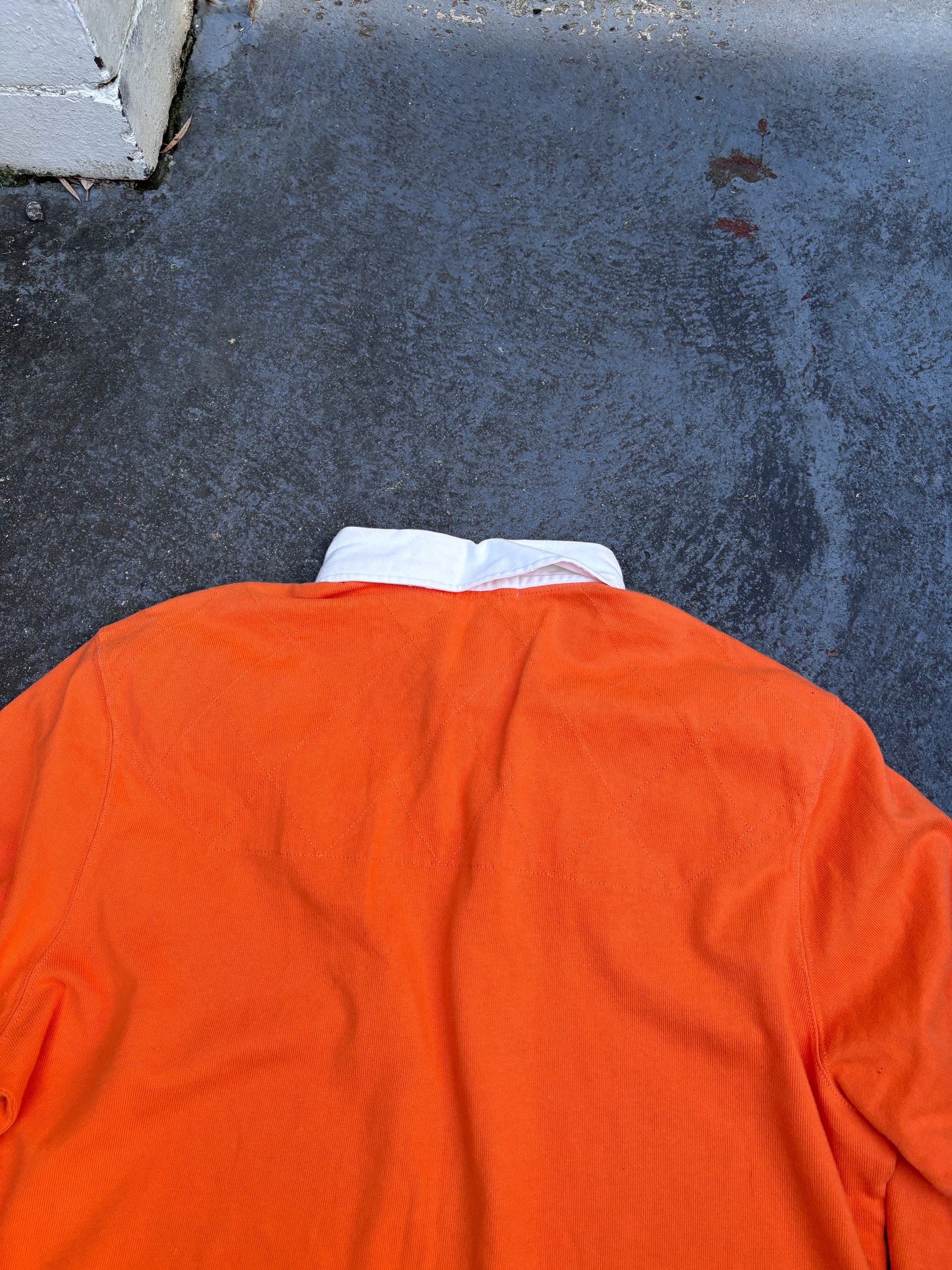 Vintage 90s Polo Ralph Lauren Rugby Polo Men’s XL Orange Cotton Distressed Painted Logo