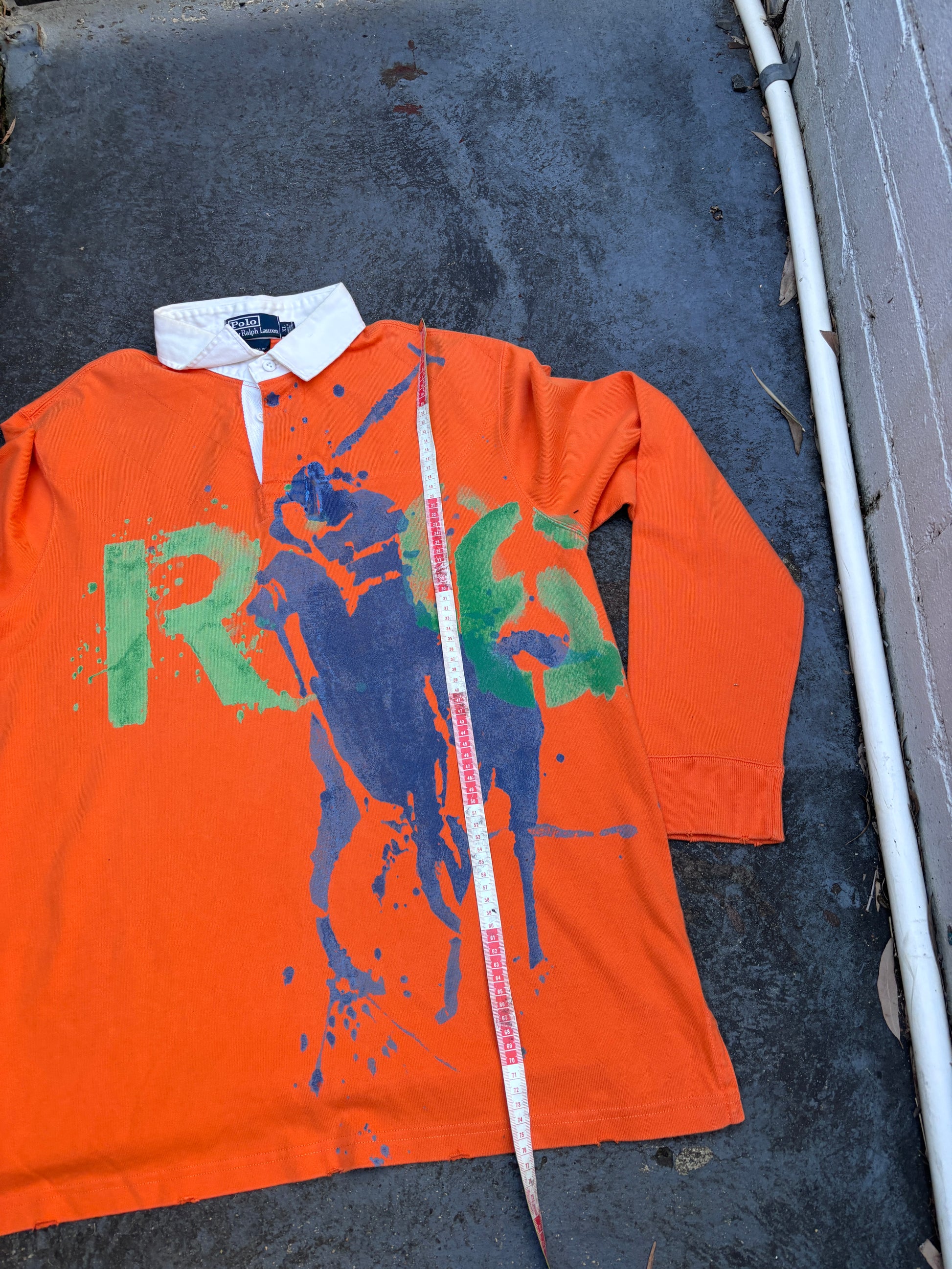Vintage 90s Polo Ralph Lauren Rugby Polo Men’s XL Orange Cotton Distressed Painted Logo