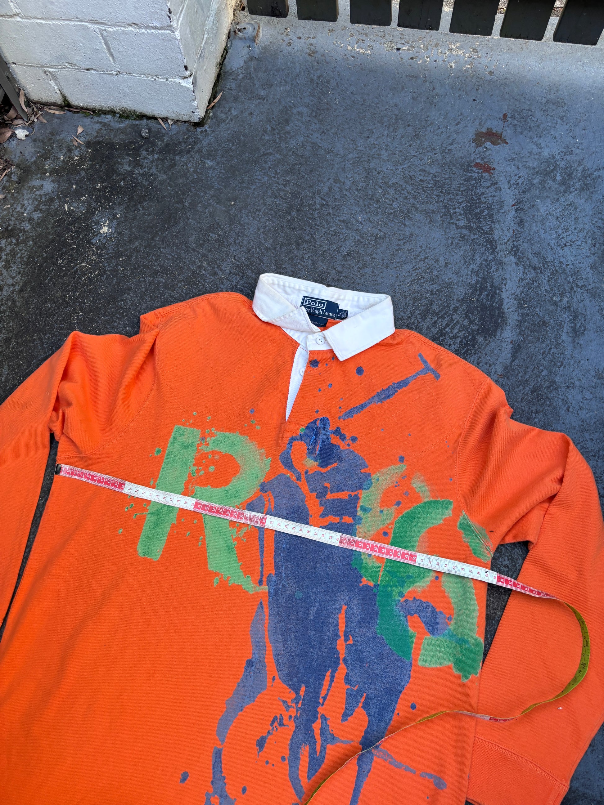 Vintage 90s Polo Ralph Lauren Rugby Polo Men’s XL Orange Cotton Distressed Painted Logo