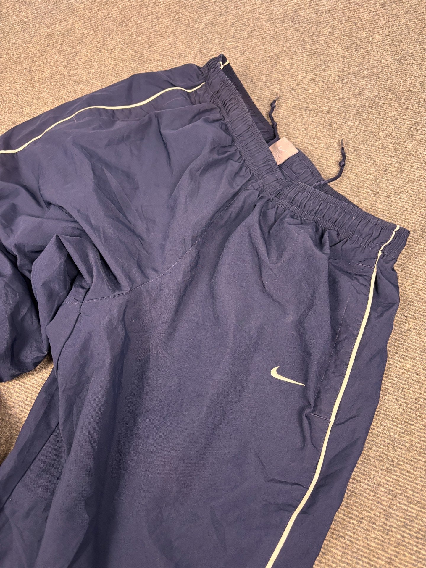 Vintage Y2K Nike Track Pants Men's L Navy white swoosh double piping baggy Wide Leg