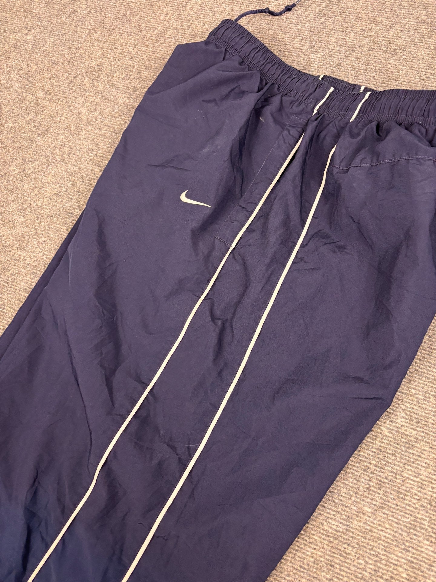 Vintage Y2K Nike Track Pants Men's L Navy white swoosh double piping baggy Wide Leg
