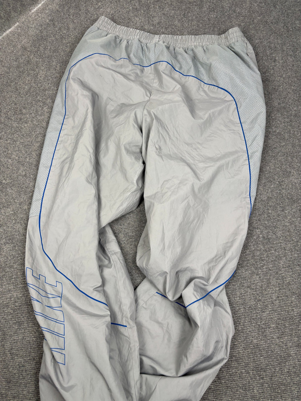 Vintage Y2K Nike Track Pants Men's XL Grey Blue Swoosh Spell Out Logo Baggy Joggers