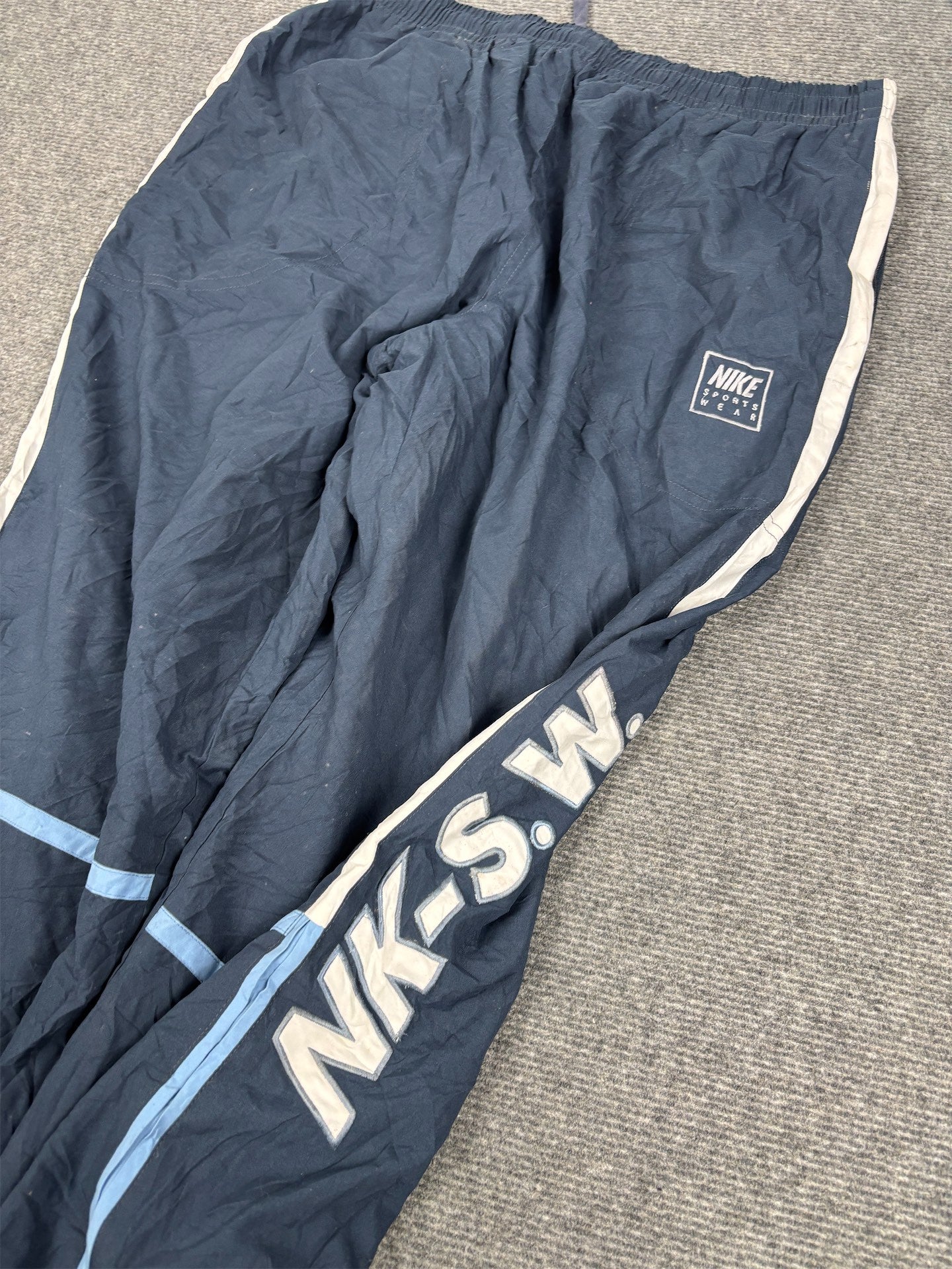 Vintage Y2K Nike Spain Track Pants Men's L Navy Blue Piping White Spell Out Joggers