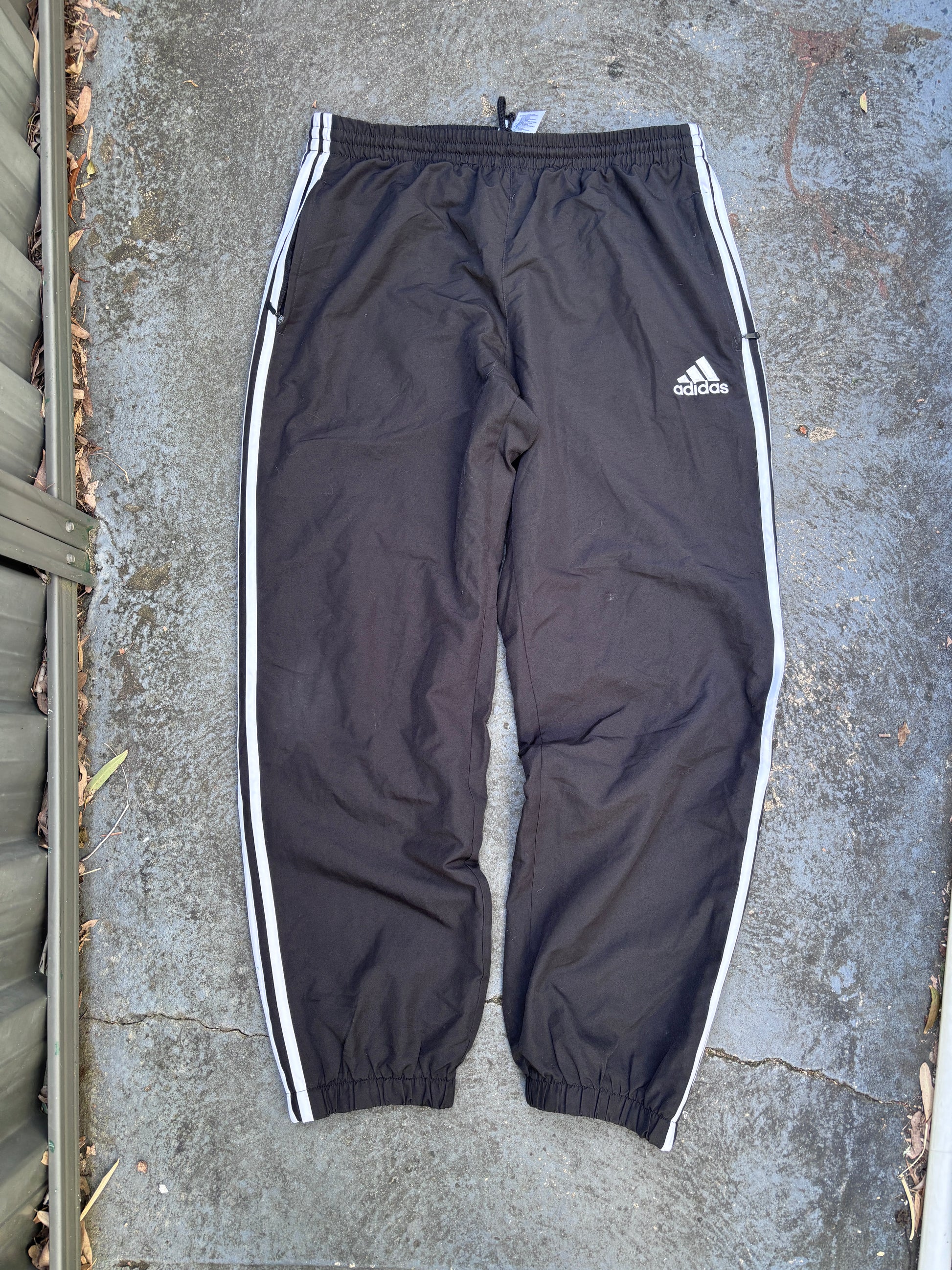 Vintage Y2K Adidas Track Pants XL Black 3-Stripes Pocket Logo Cuffed Ankle Zip