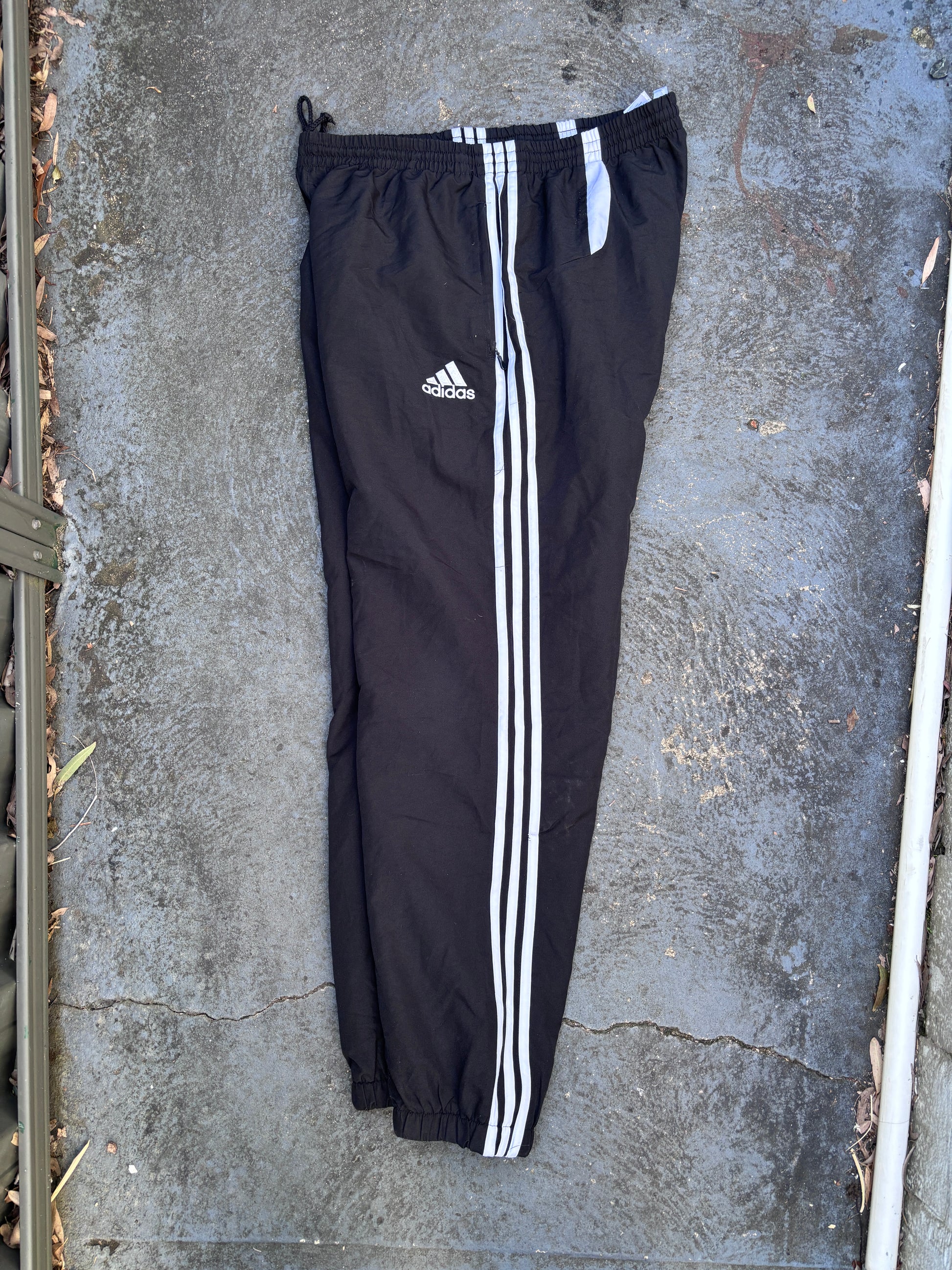 Vintage Y2K Adidas Track Pants XL Black 3-Stripes Pocket Logo Cuffed Ankle Zip