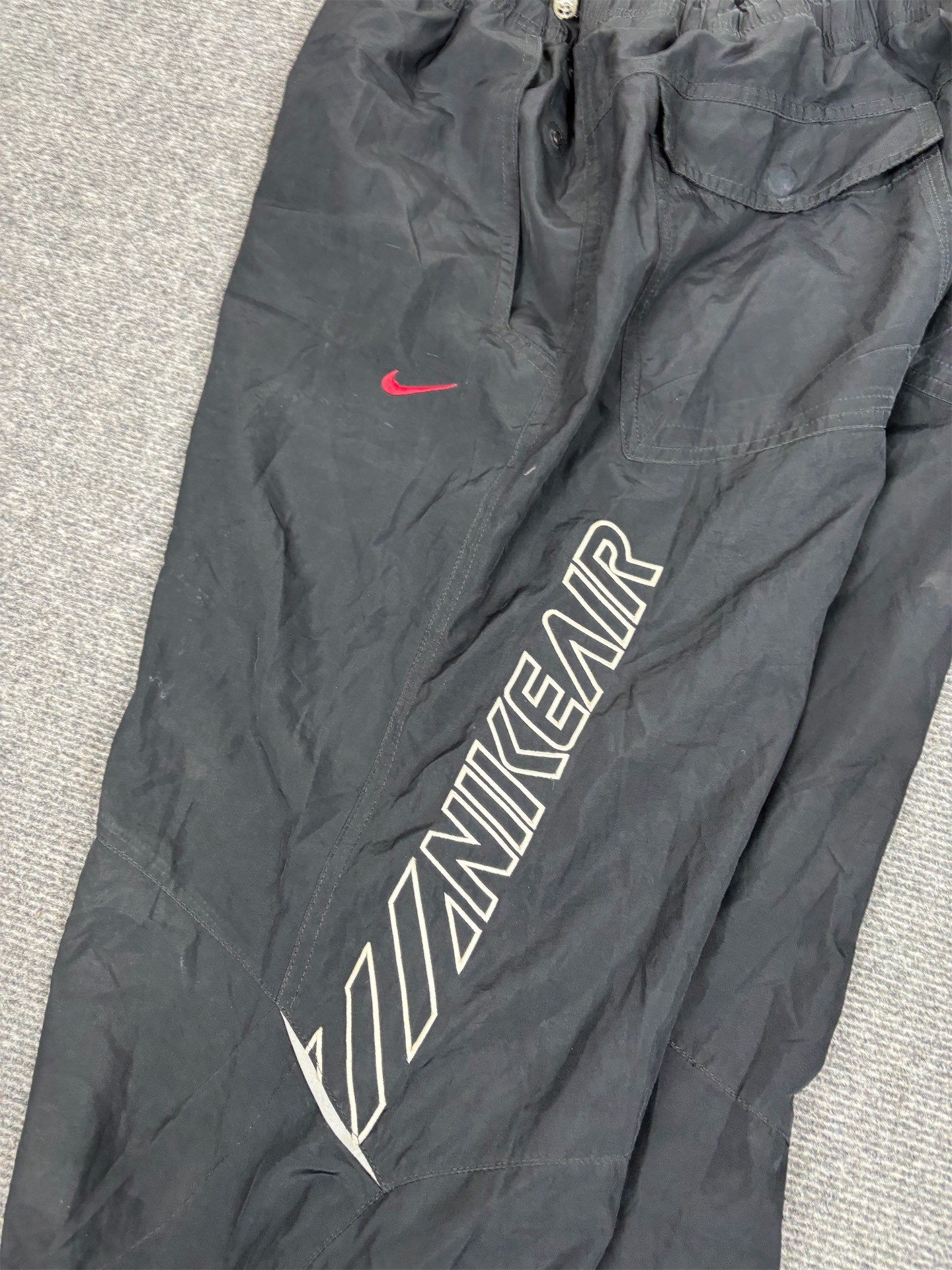 Vintage Y2K Nike Track Pants Men's L Black Red Swoosh Spell Out Logo Baggy Joggers
