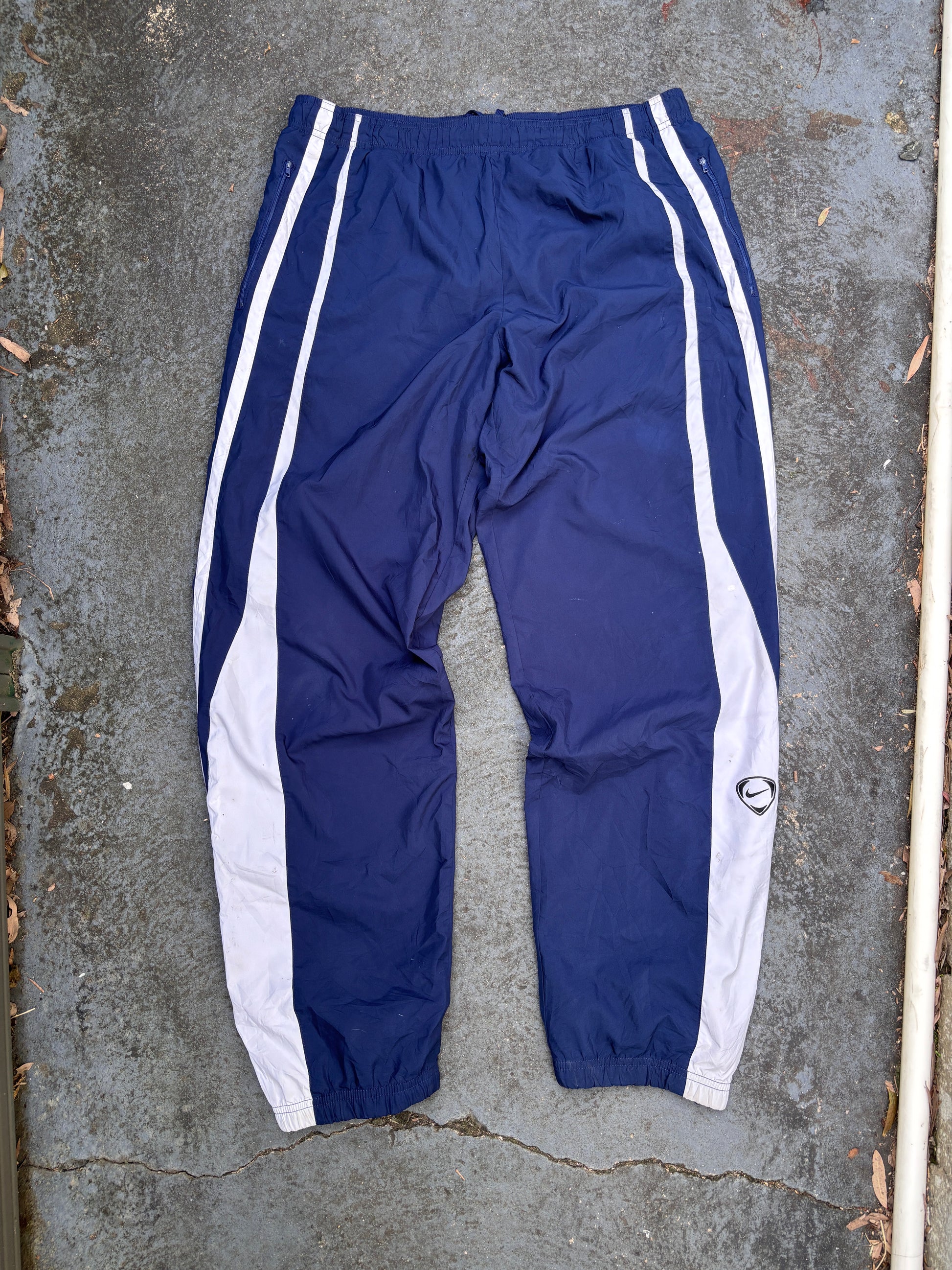 Vintage 90s Nike Football Track Pants L Navy White Detail Logo Wide Leg Ankle Zip