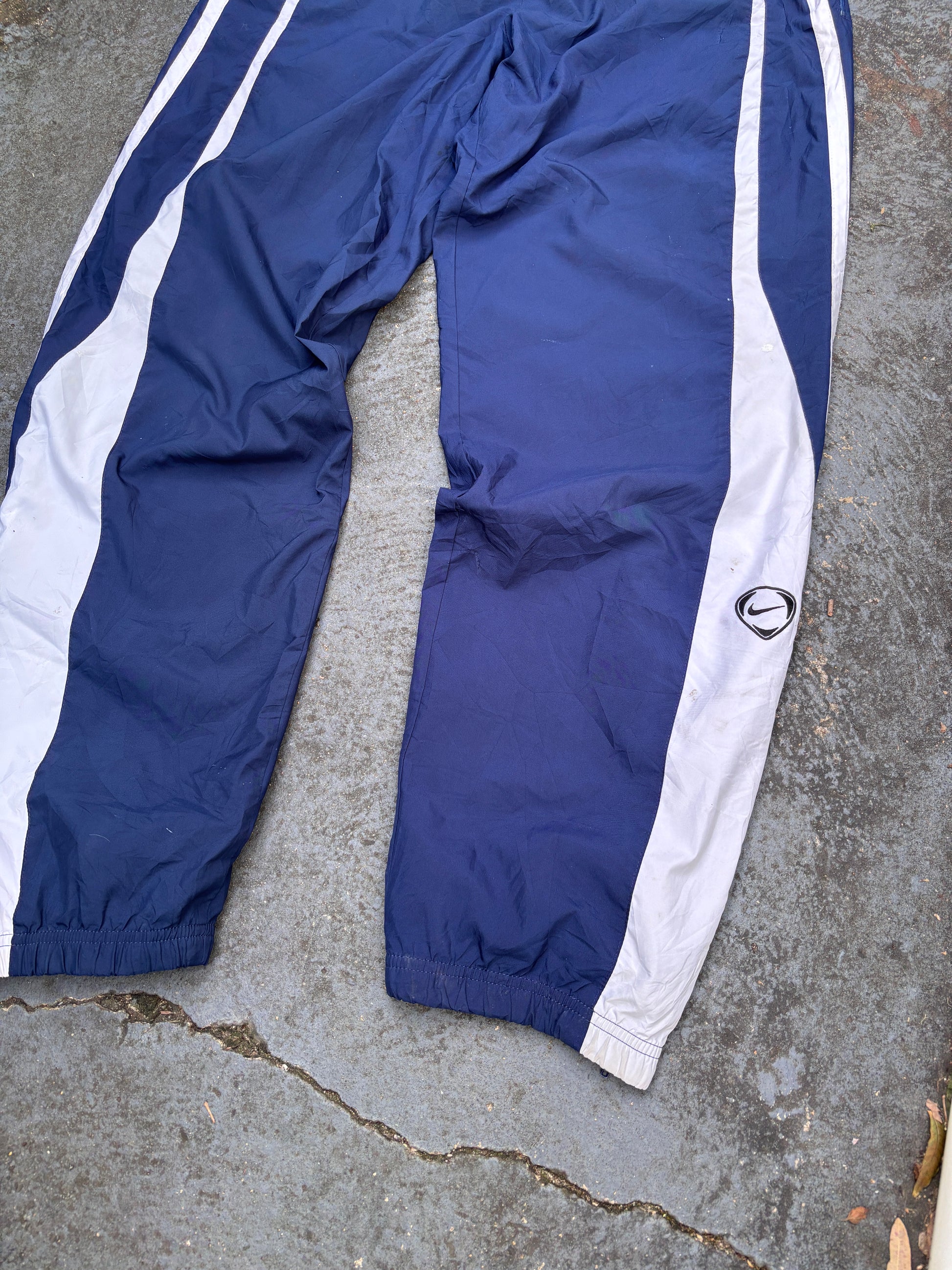 Vintage 90s Nike Football Track Pants L Navy White Detail Logo Wide Leg Ankle Zip