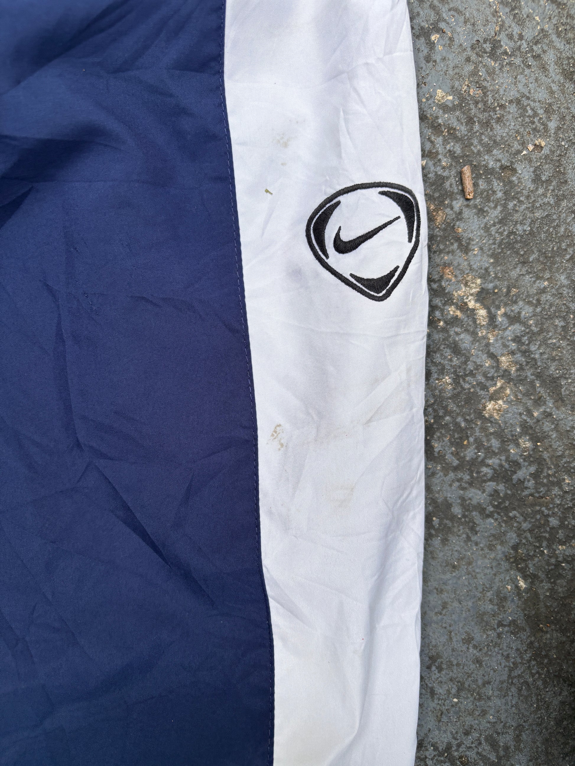 Vintage 90s Nike Football Track Pants L Navy White Detail Logo Wide Leg Ankle Zip
