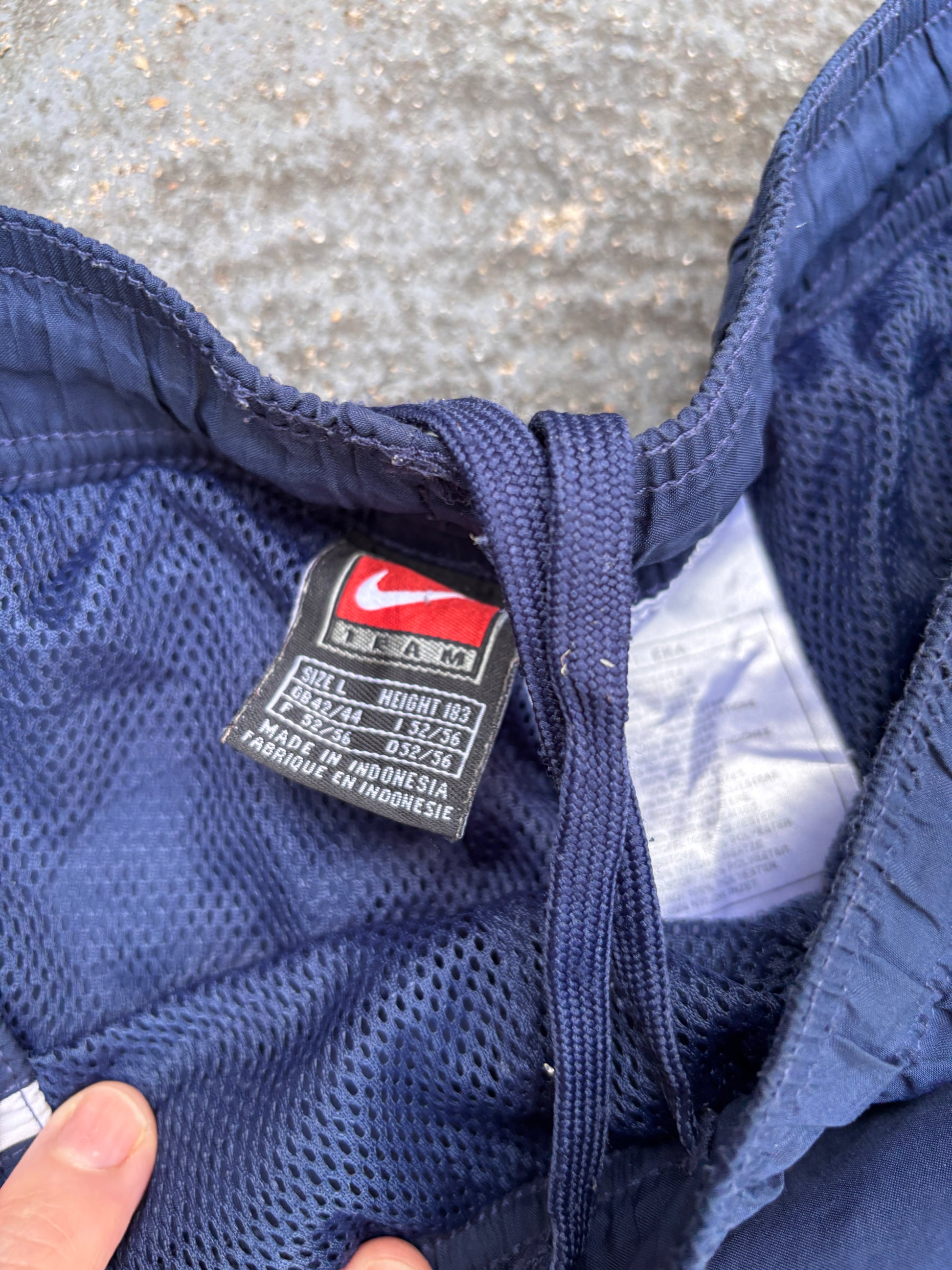 Vintage 90s Nike Football Track Pants L Navy White Detail Logo Wide Leg Ankle Zip